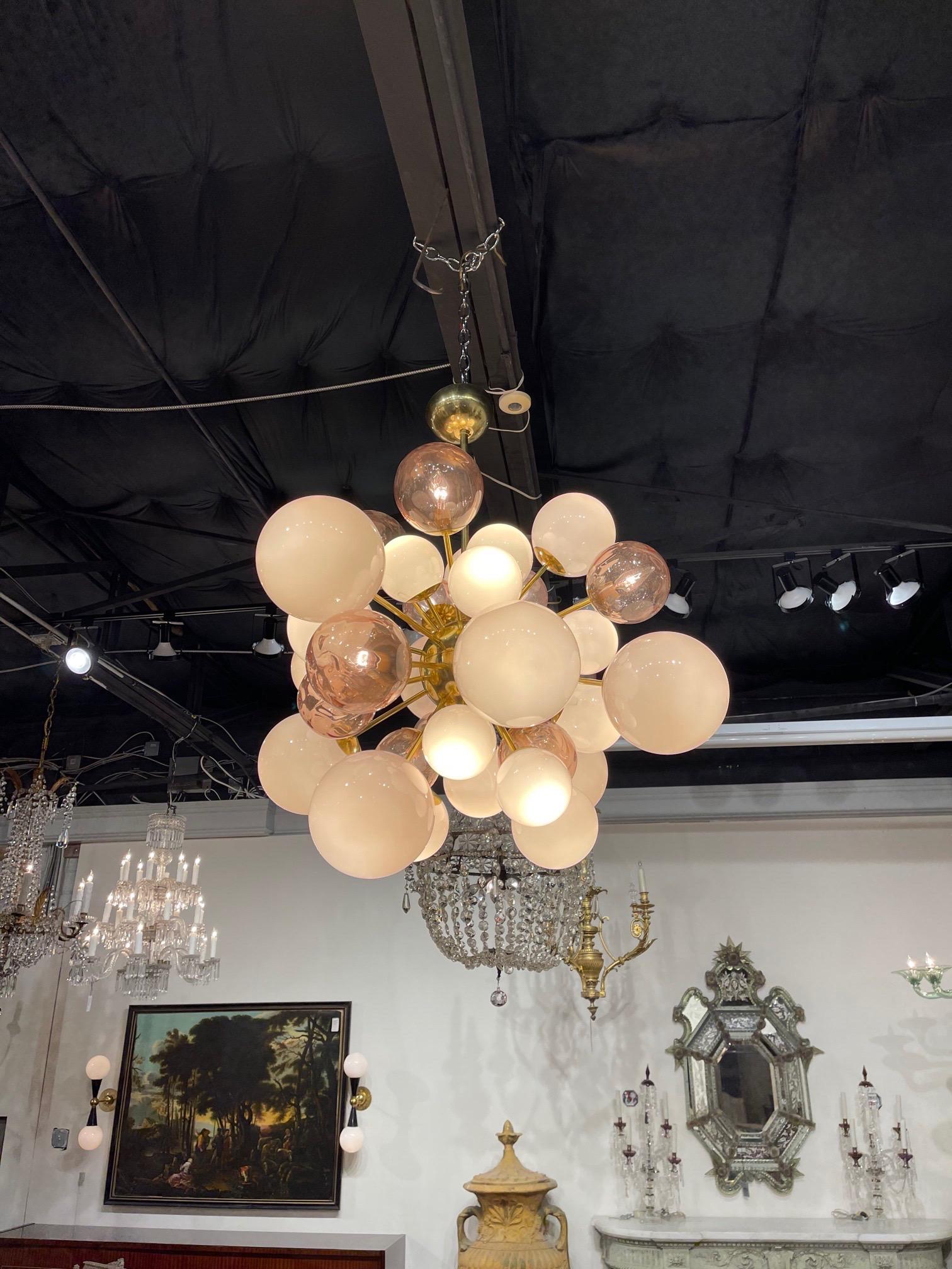 Contemporary Modern Murano Glass and Brass Pink Cloud Chandelier
