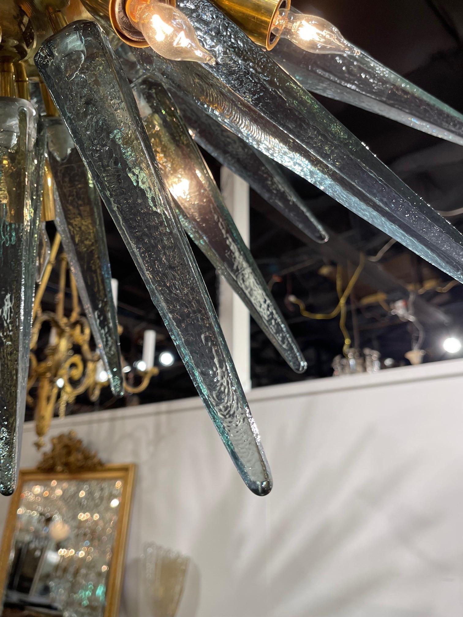 Modern Murano Glass and Brass Sputnik Chandelier in Fontano Green In Good Condition In Dallas, TX
