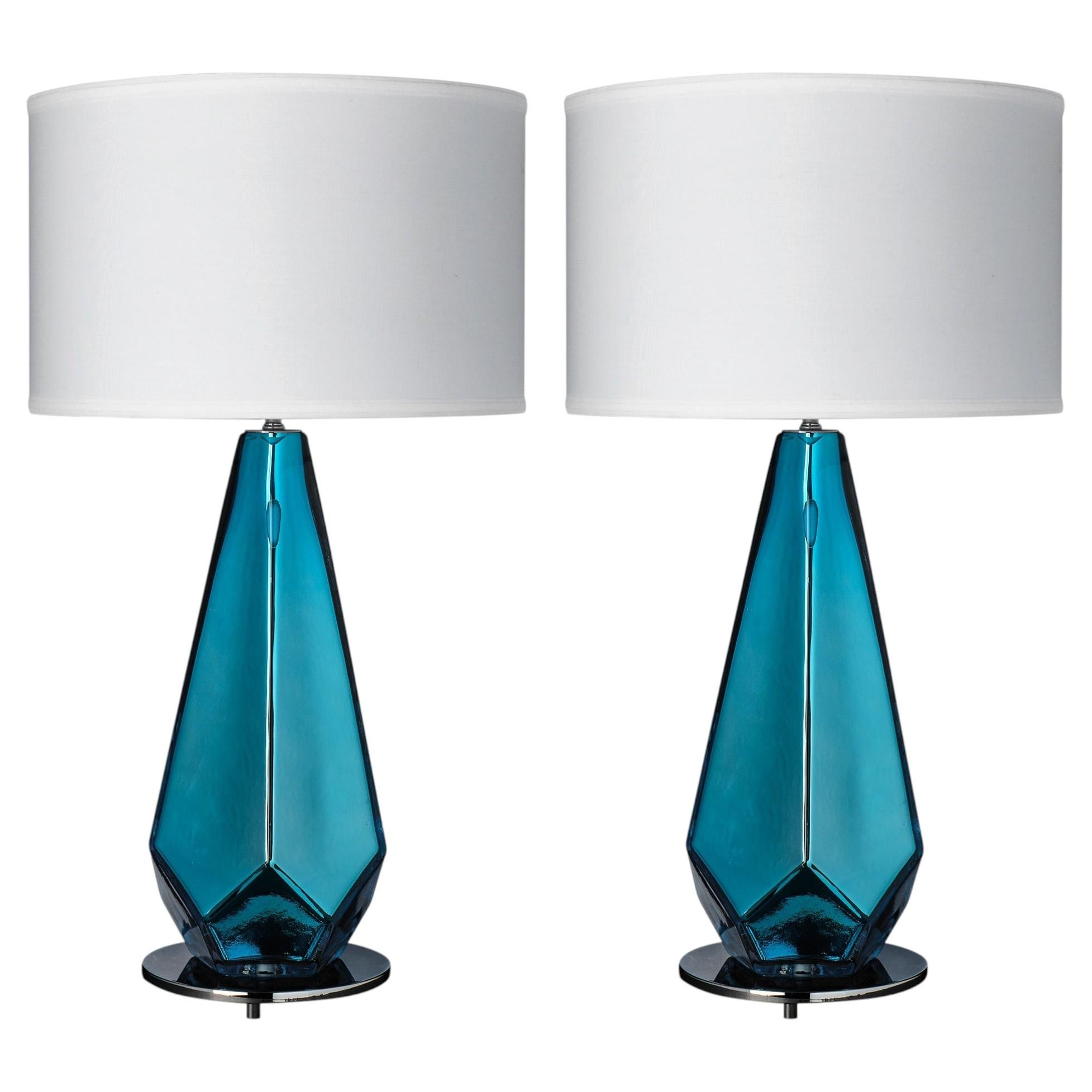 Modern Murano Glass Blue Specchiate Table Lamps, Hand-Crafted, Italy