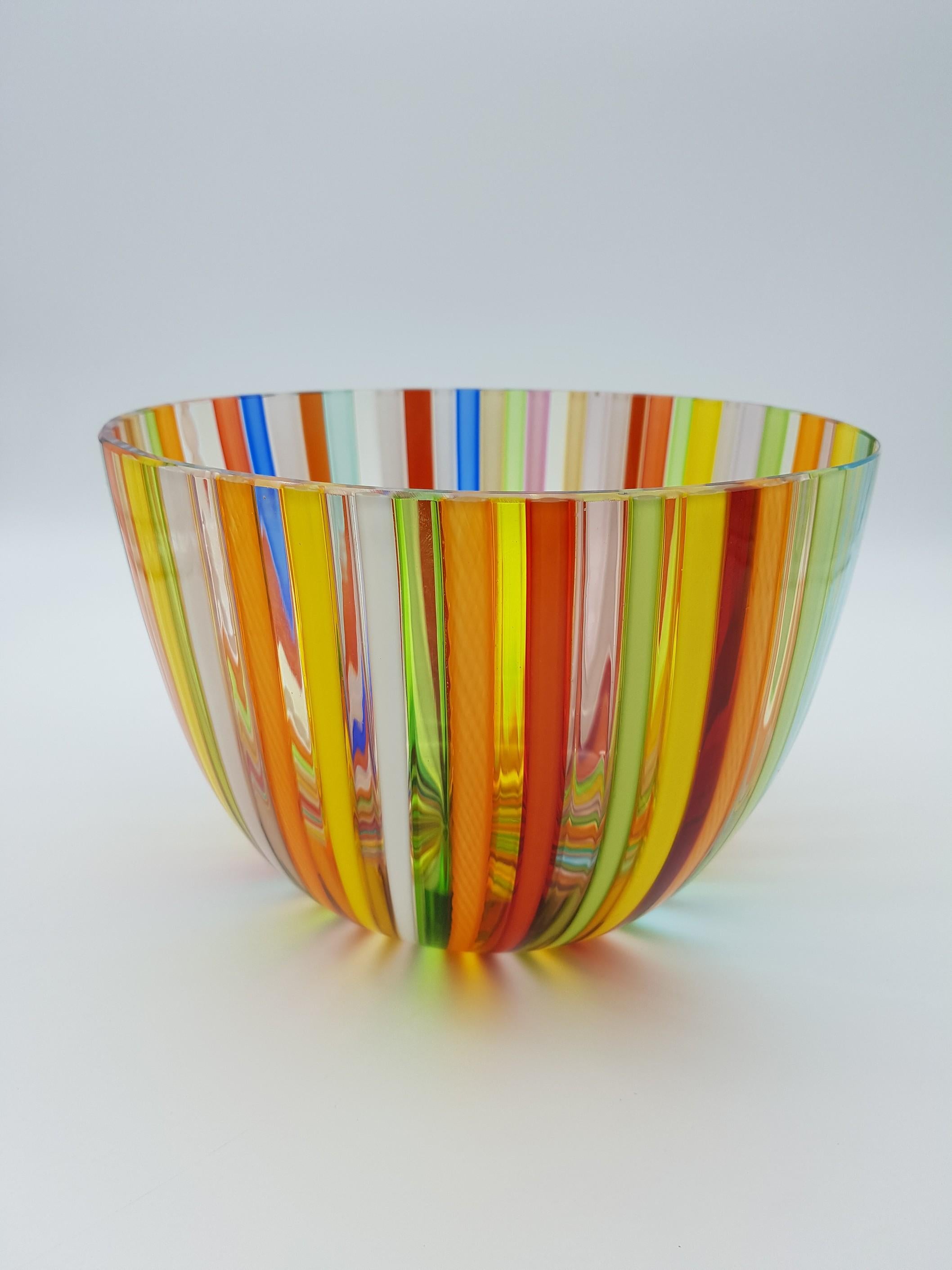 Hand-Crafted Modern Murano Glass Bowl Centerpiece, Bright Rainbow Colors by Cenedese, 1998 For Sale