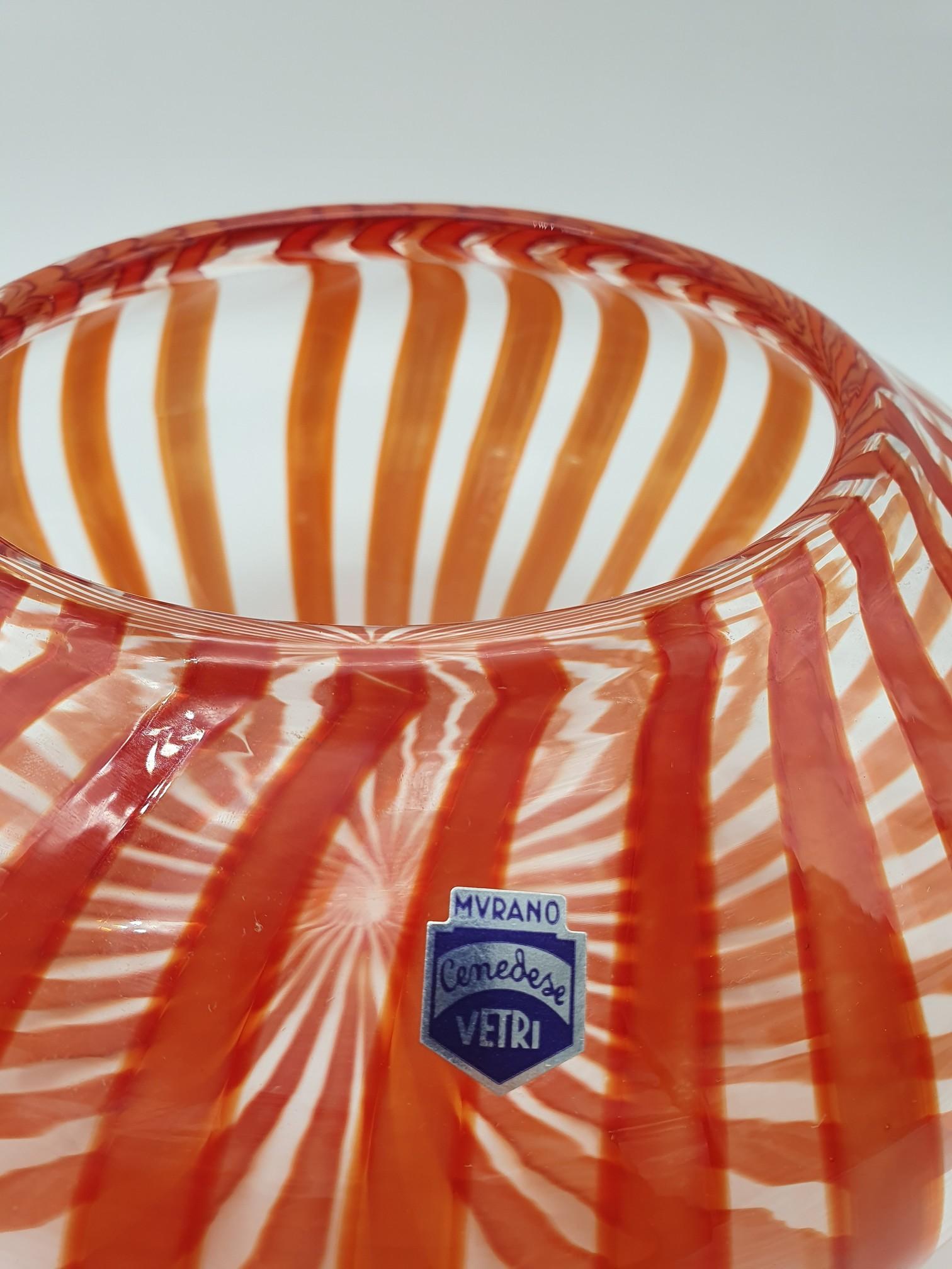 Italian Modern Murano Glass Bowl with Red Canes by Gino Cenedese, 1998 For Sale