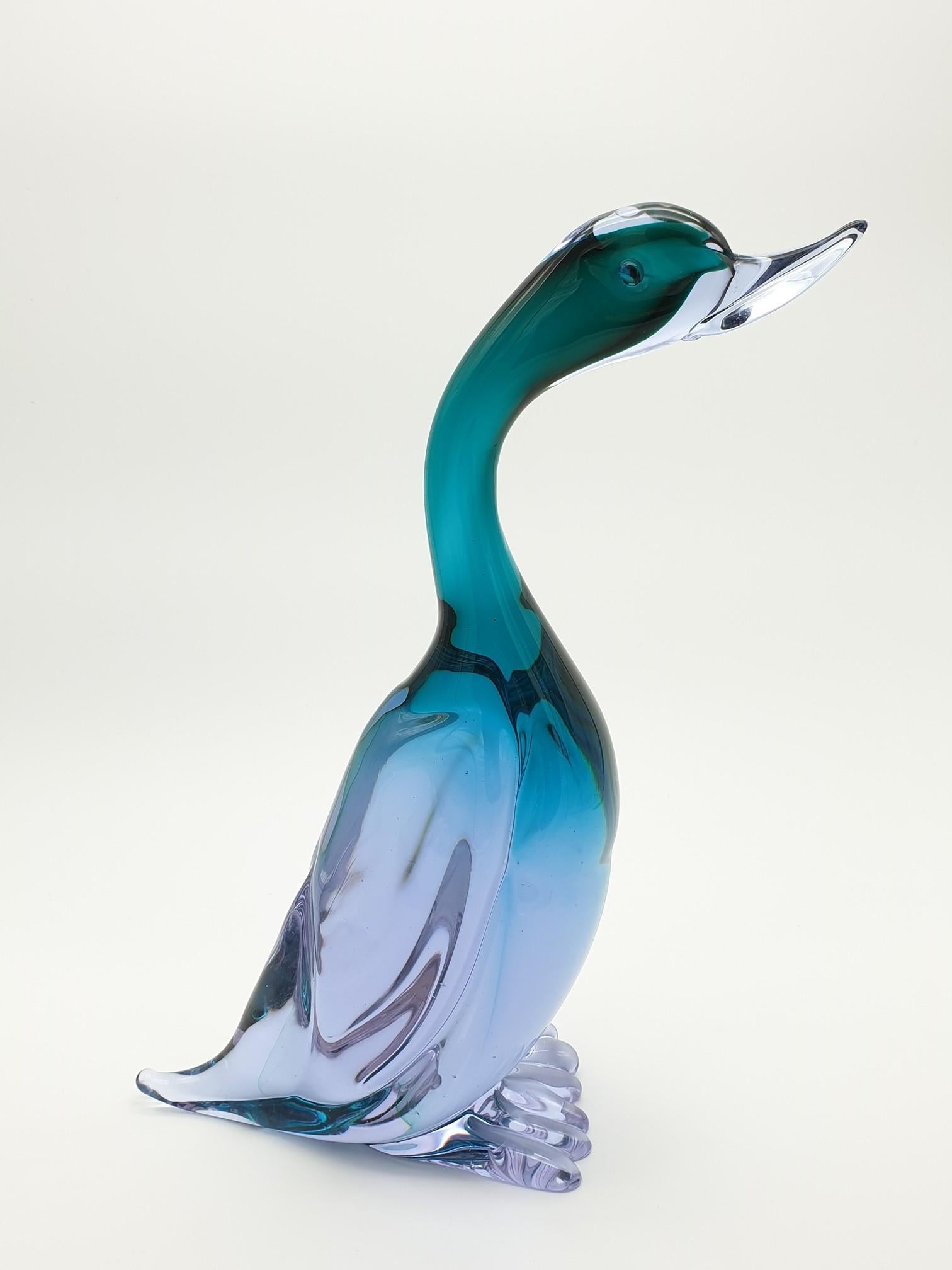 Italian Modern Murano Glass Duck in Lavender and Green Color by Tosi for Cenedese, 1970s For Sale