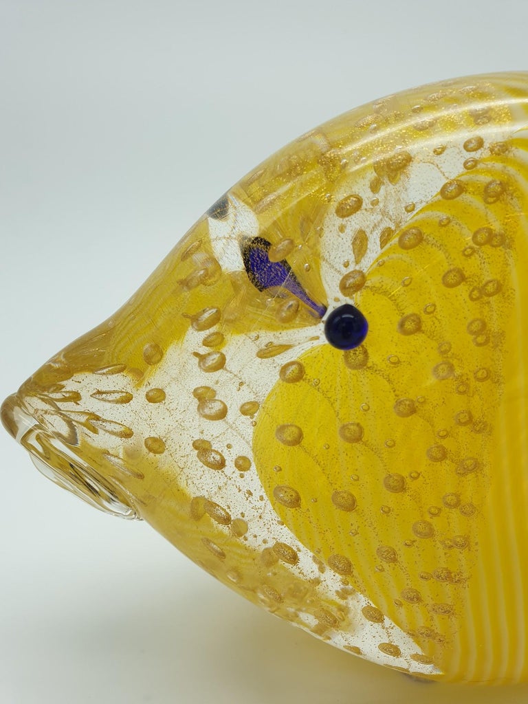 Modern Murano Glass Fish in Yellow and Gold Color with Bubbles by