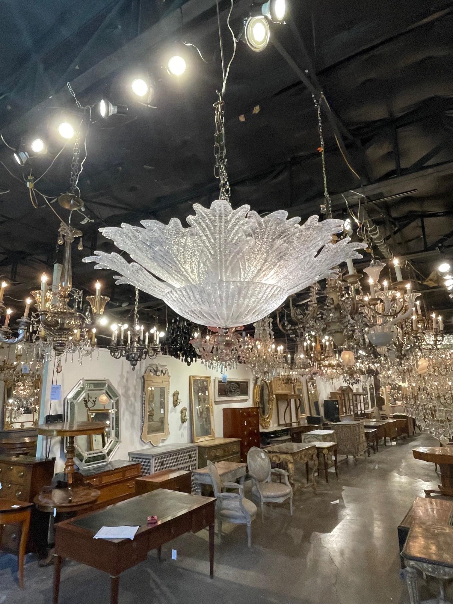 Exquisite modern Murano glass leaf form flush mount chandelier. This shimmering beauty makes a huge impact!  A real work of art!