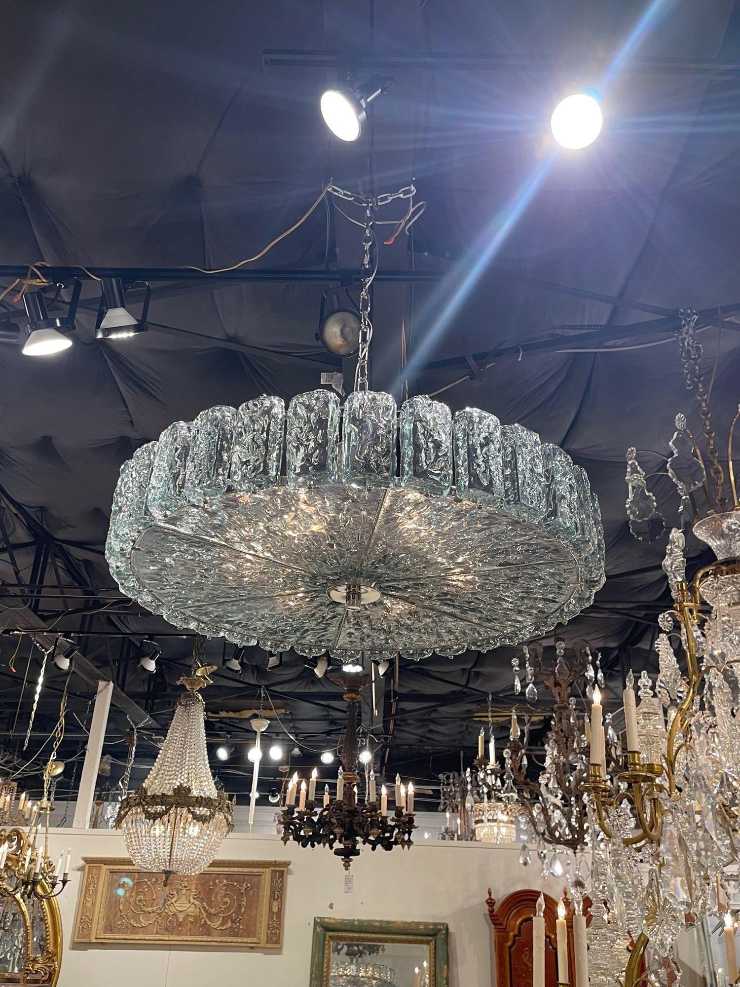 Modern Murano Glass Fontana Green Ice Block Disc Chandelier For Sale 1