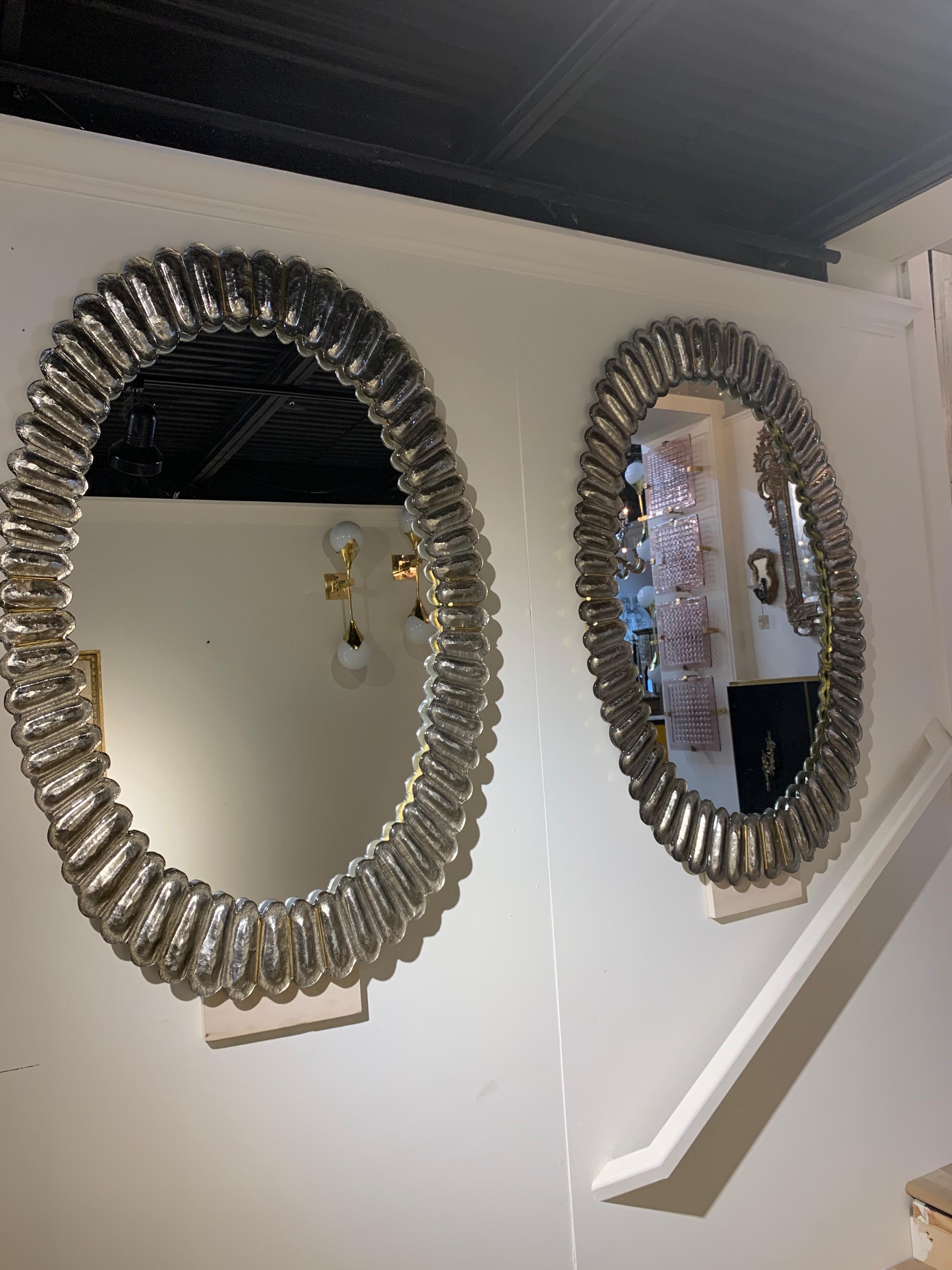 Contemporary Modern Murano Glass Oval Mirrors with Brass Trim For Sale