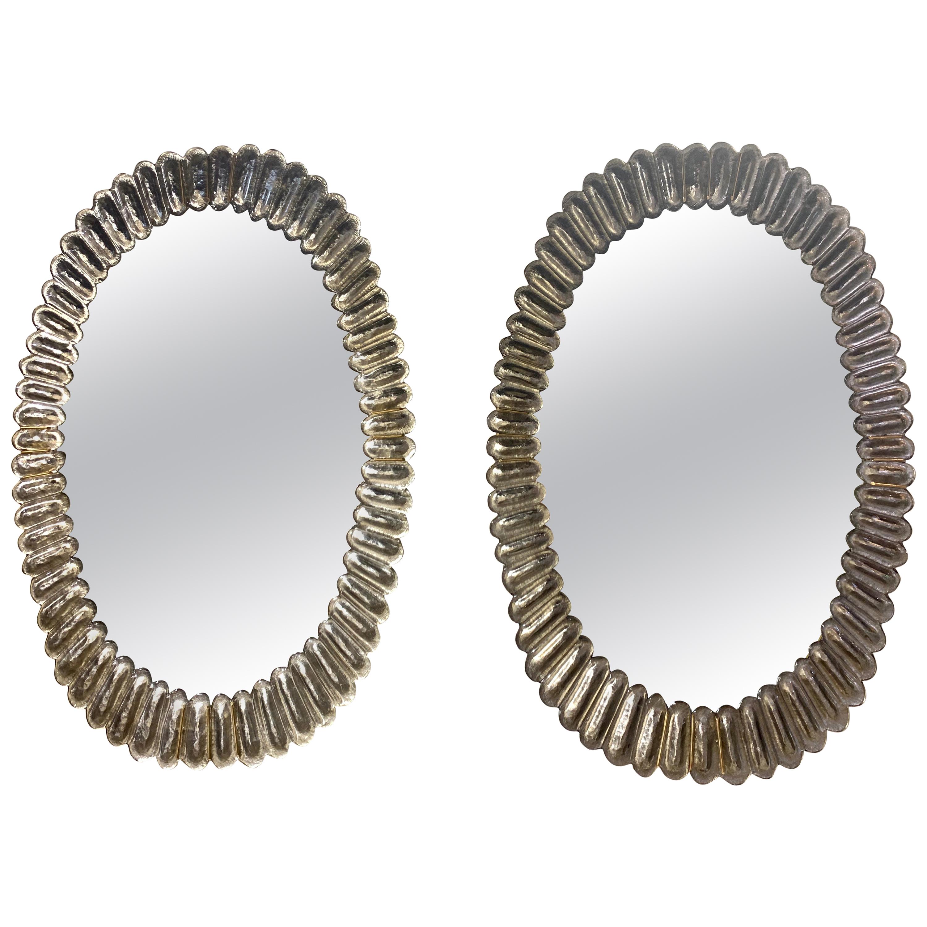 Modern Murano Glass Oval Mirrors with Brass Trim