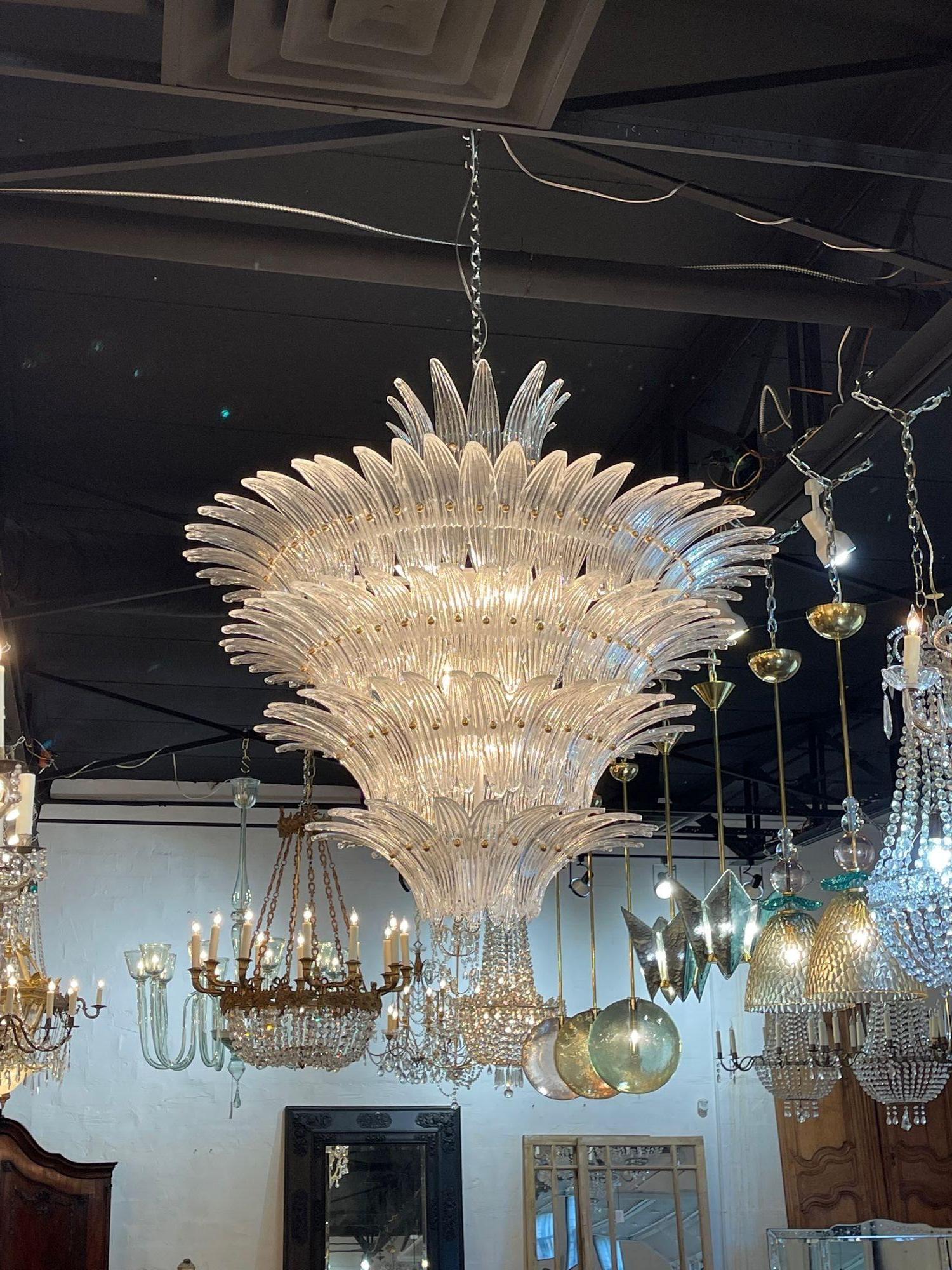 Exquisite Murano opalescent glass palm leaf chandelier with brass accents. Featuring beautiful layers of textured opalescent glass.  Creates a very impressive presence!   Gorgeous!!
