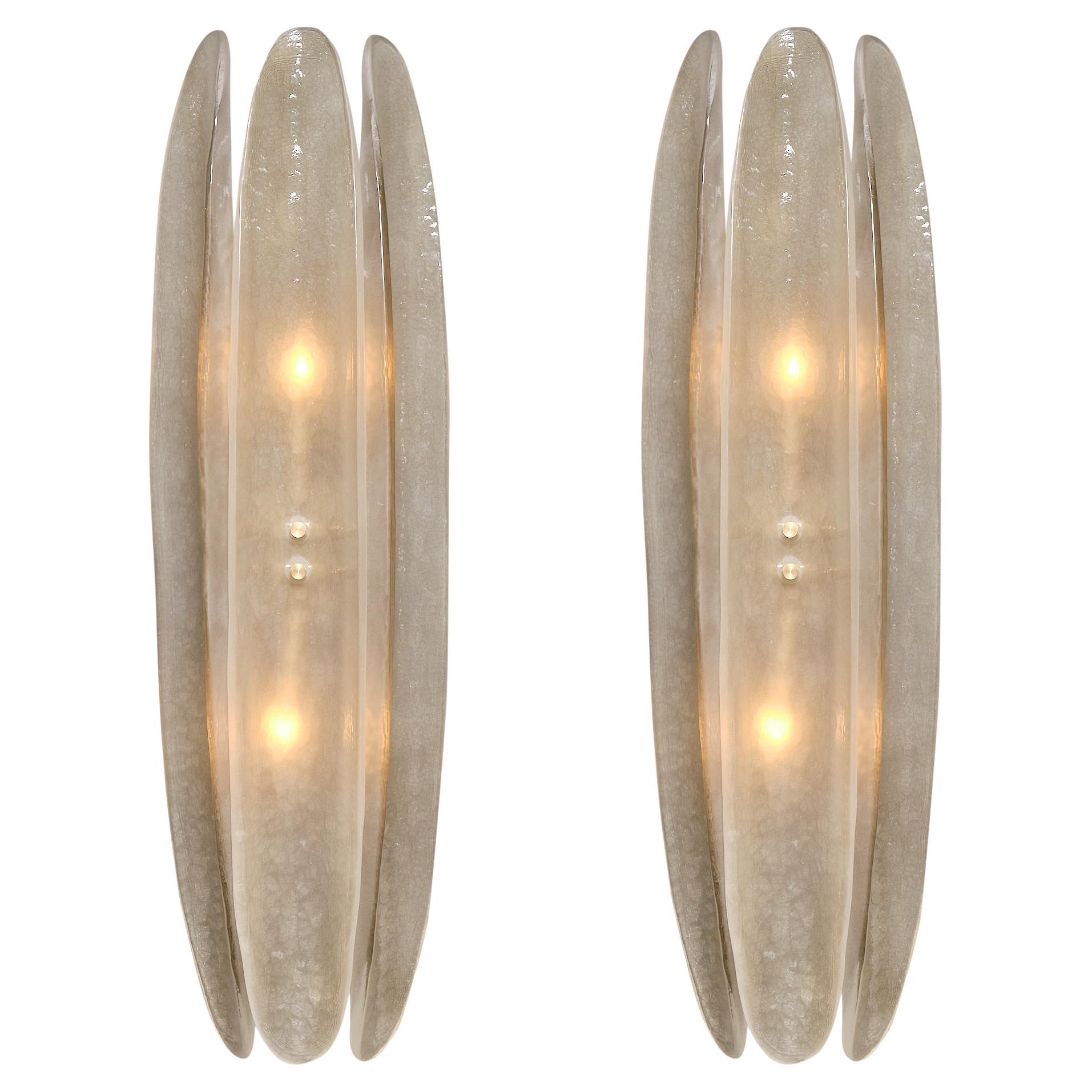 Modern Murano Glass Sconces, Hand-Blown Smoked Glass & Brass Frame For Sale
