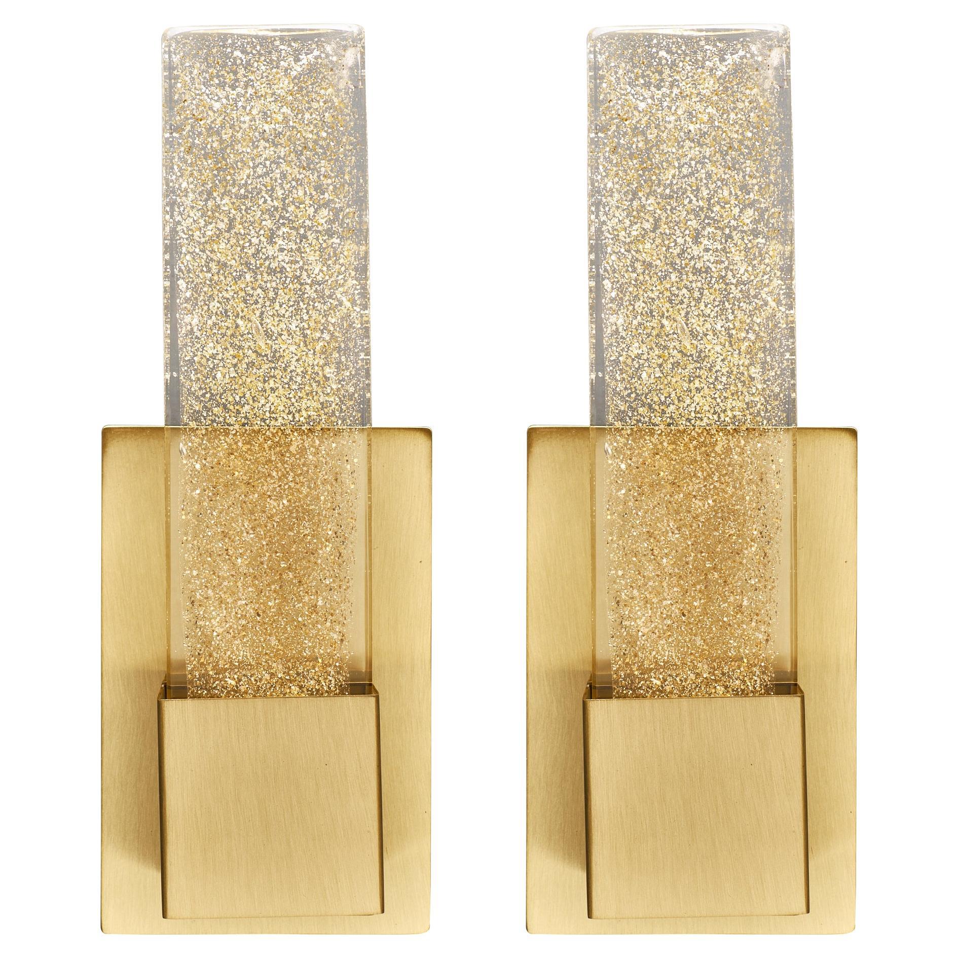 Modern Murano Glass Slab Sconces, Brass Structure, Gold Flecks, Italy For Sale
