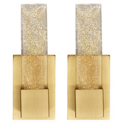 Modern Murano Glass Slab Sconces, Brass Structure, Gold Flecks, Italy