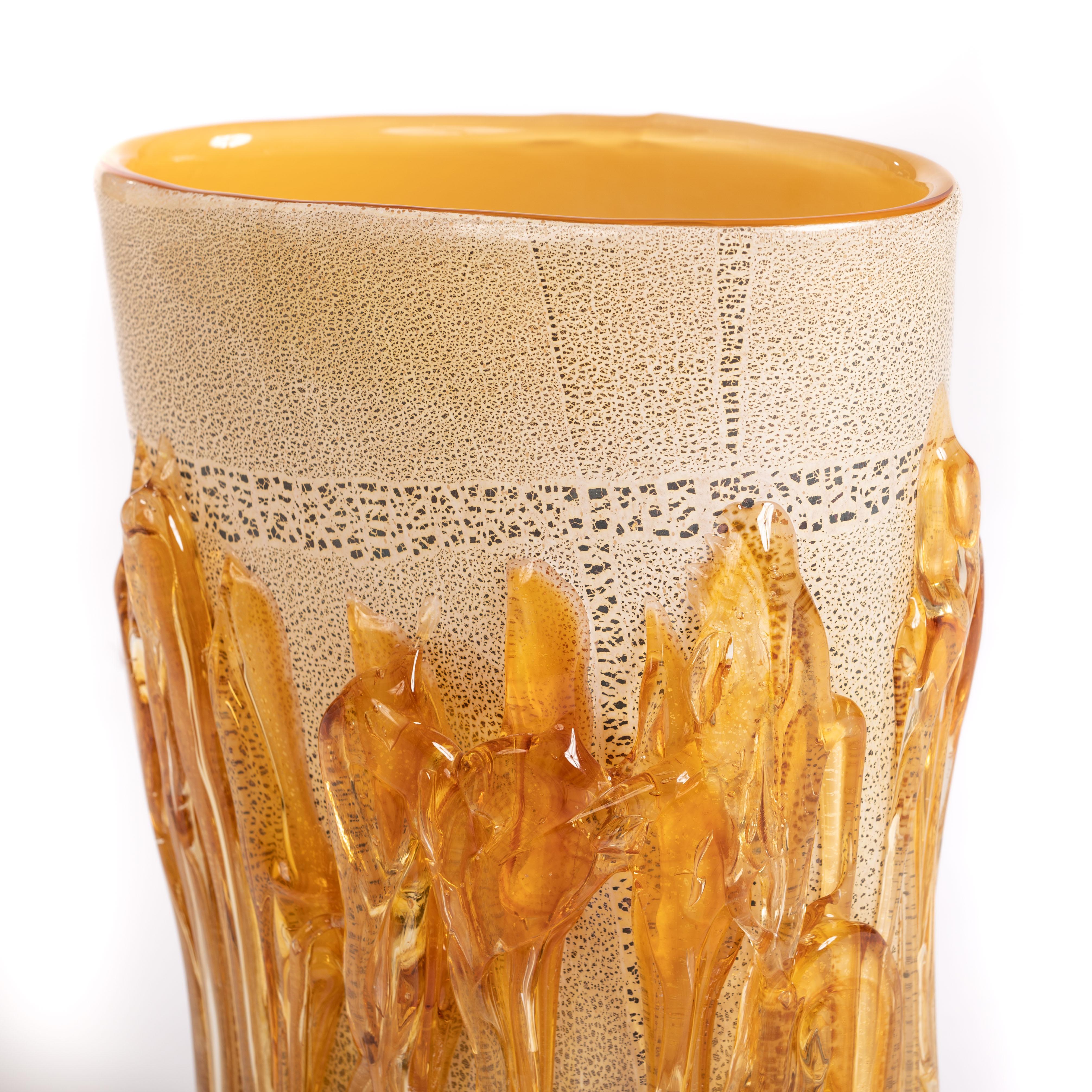 Italian Modern Murano Glass Vase in Gold-Amber Color signed by Hand, Italy 2015 For Sale