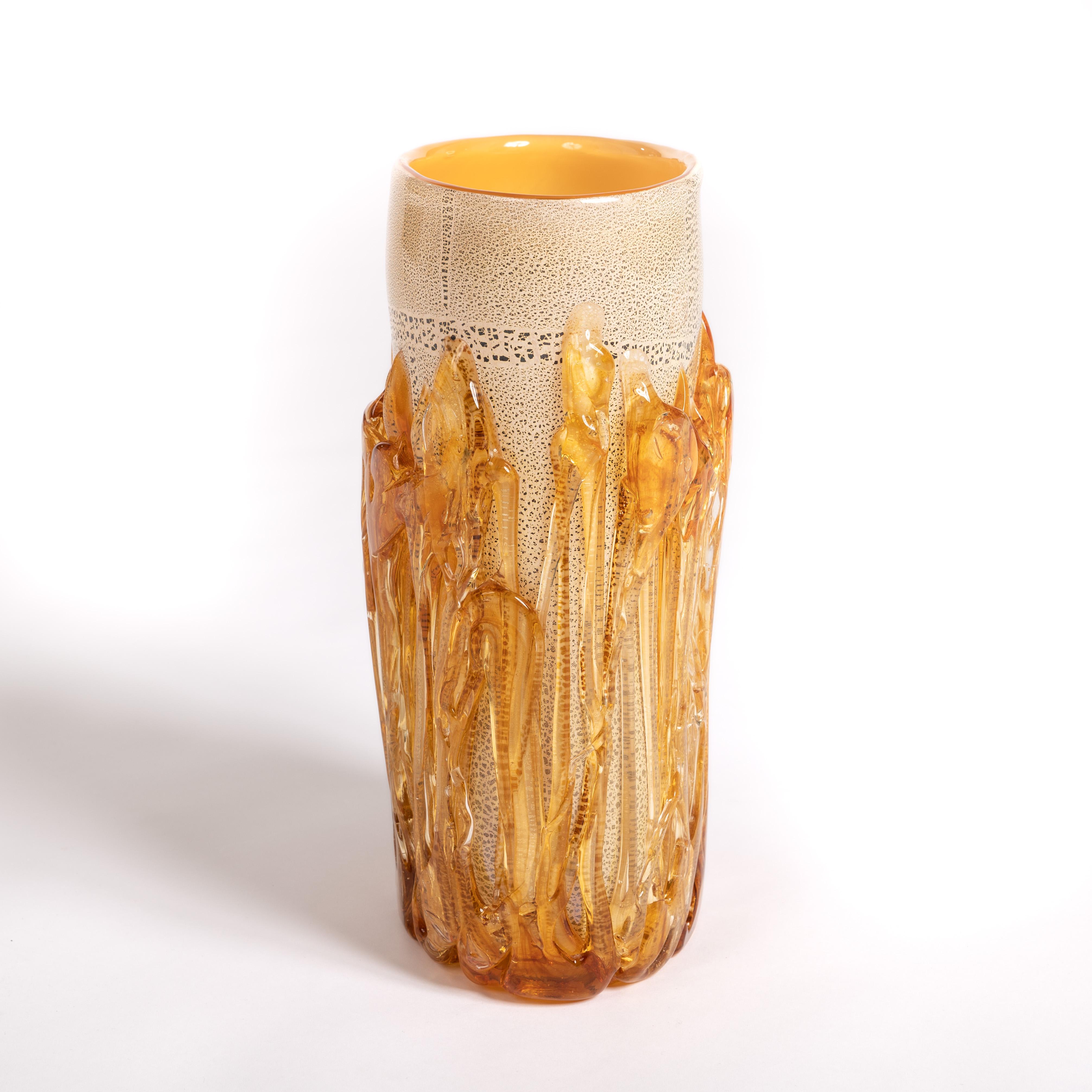 Hand-Crafted Modern Murano Glass Vase in Gold-Amber Color signed by Hand, Italy 2015 For Sale