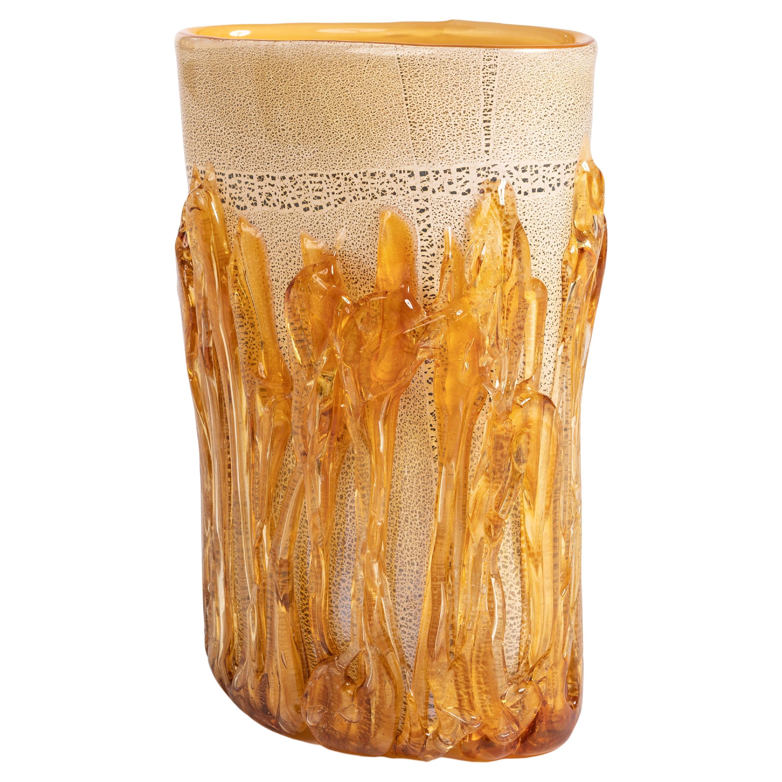 Modern Murano Glass Vase in Gold-Amber Color signed by Hand, Italy 2015