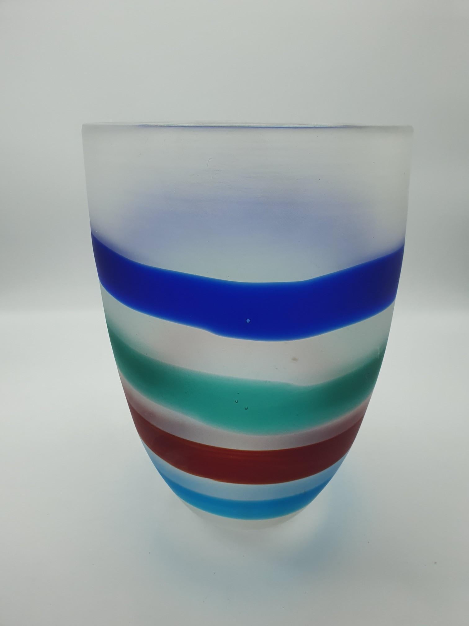 Modern Murano Glass Vase with Red, Blue and Green Bands by Cenedese, 1990s For Sale 2