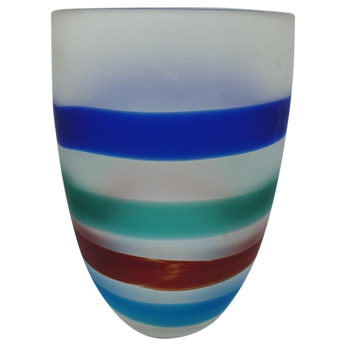 Modern Murano Glass Vase with Red, Blue and Green Bands by Cenedese, 1990s For Sale