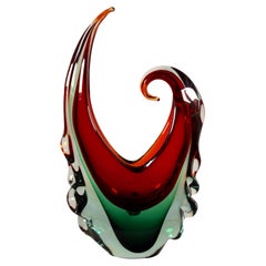 Modern Murano Handblown Glass Green and Red Abstracted Sculpture