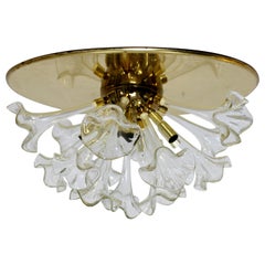 Modern Murano Italy Hand Blown Glass Flowers Brass Pendant Light Fixture, 1970s