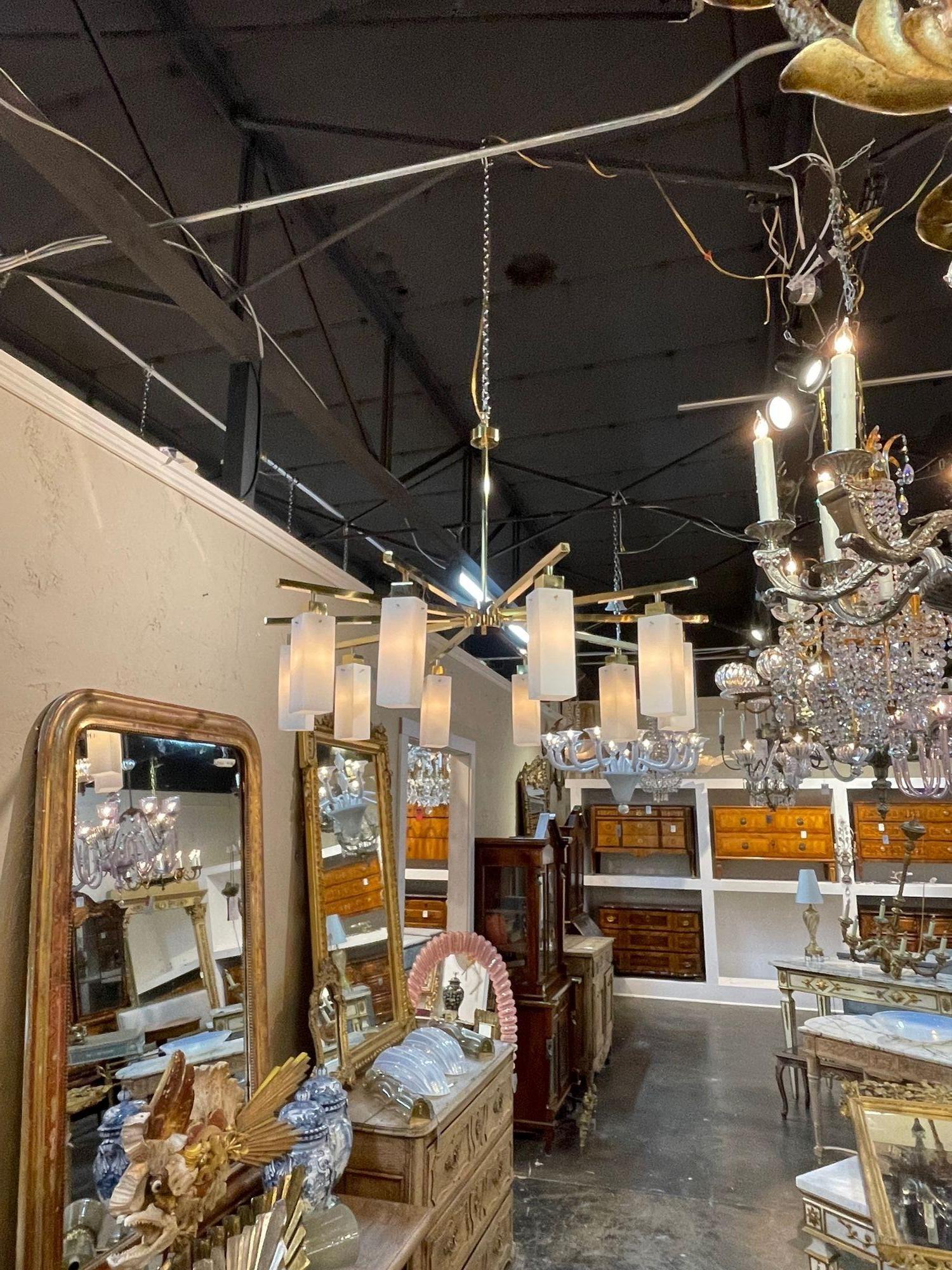 Modern Murano Square Shaped Glass and Brass Chandelier For Sale 4