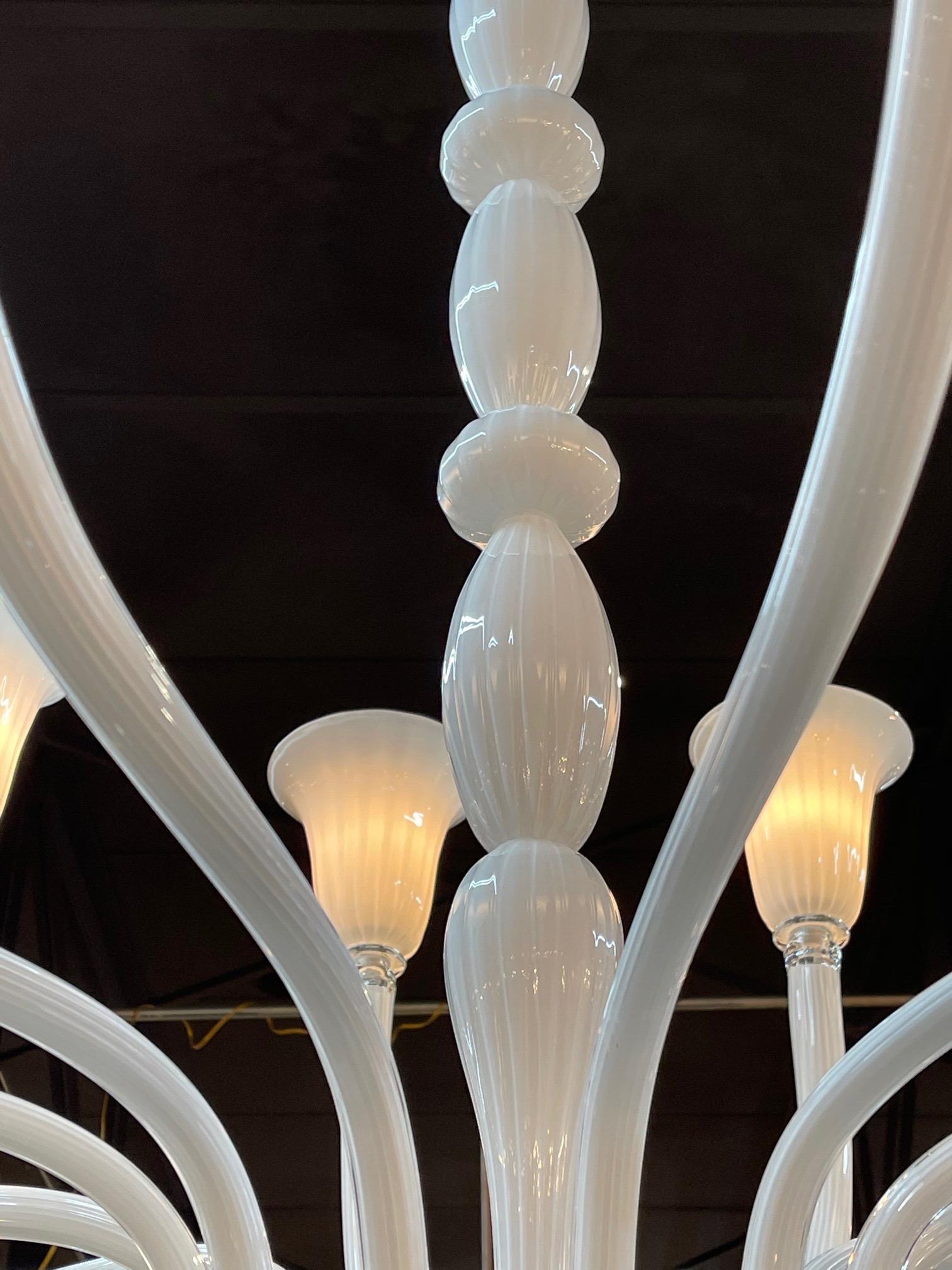 Contemporary Modern Murano White Glass 12-Light Chandelier For Sale