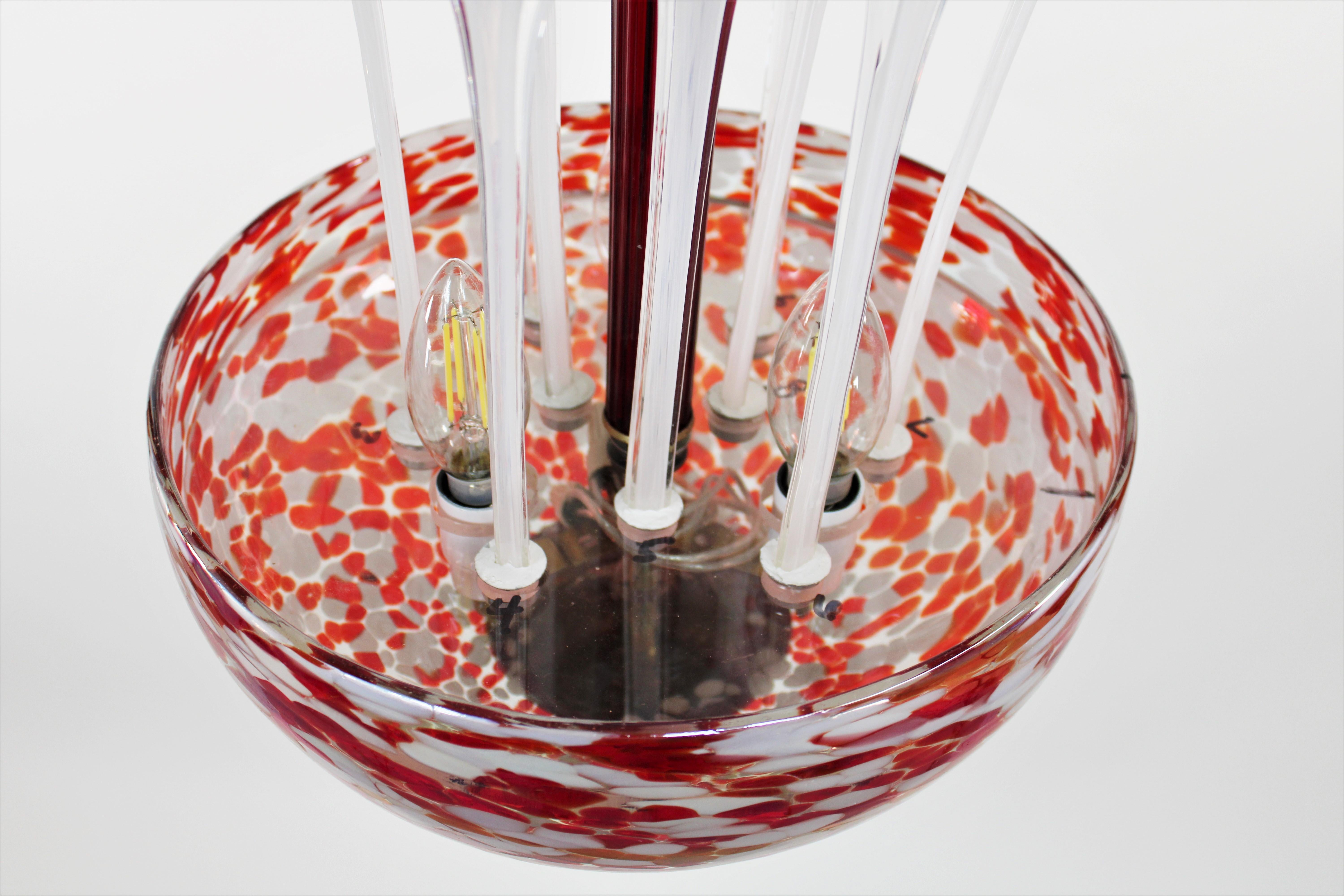 Blown Glass  Modern Murrine Red and White Murano Chandelier For Sale