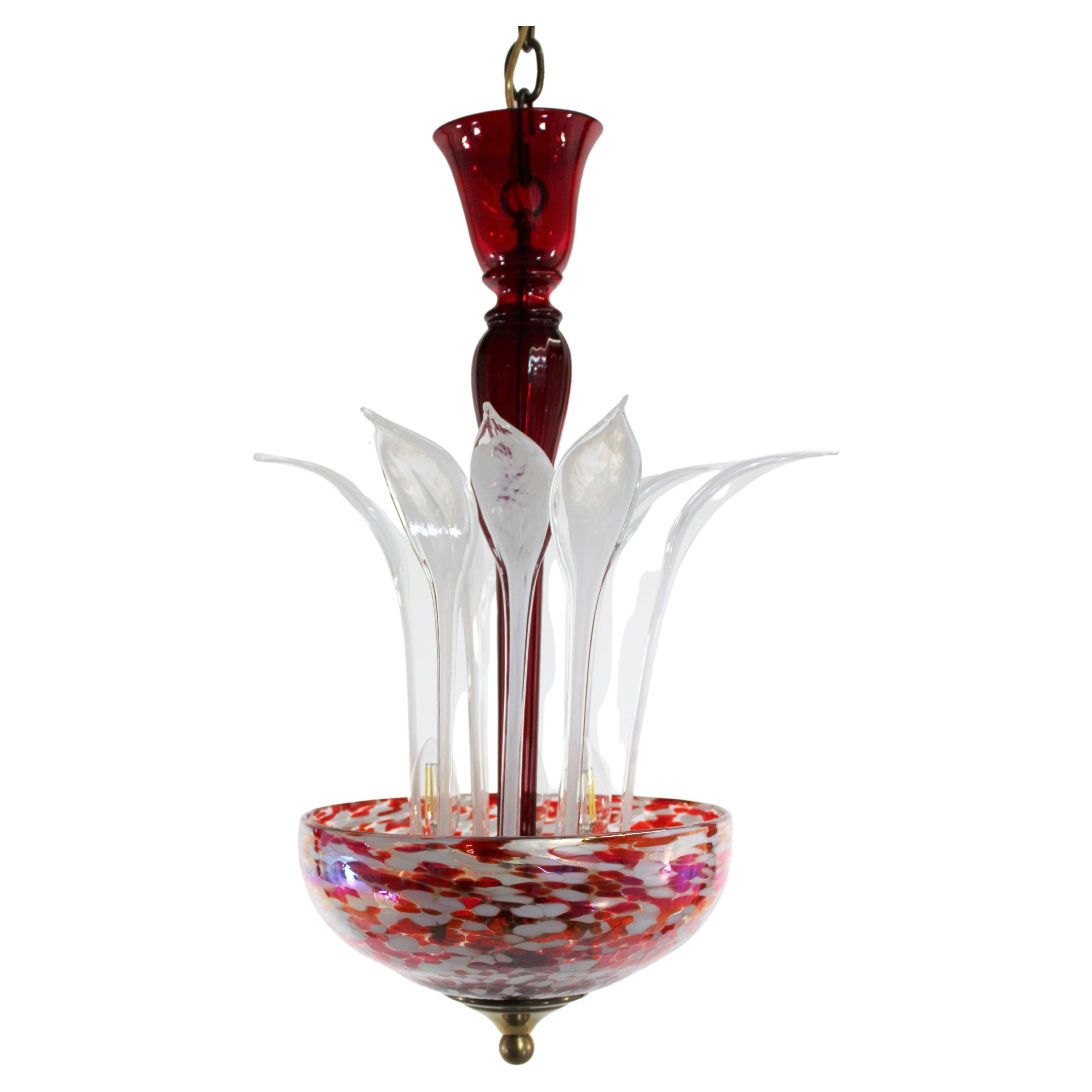  Modern Murrine Red and White Murano Chandelier For Sale