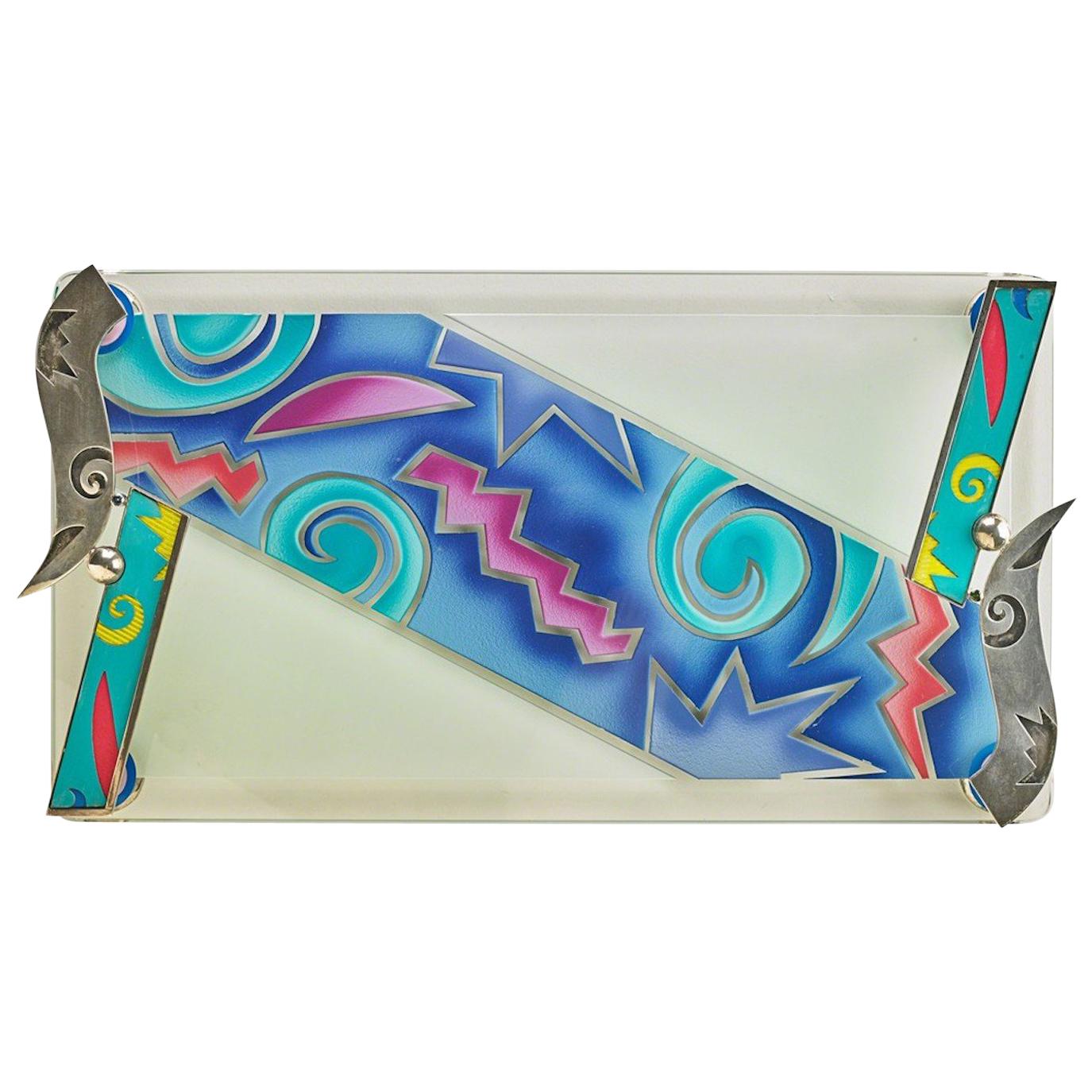 Fabulous Tycoon's Connoisseur limited edition glass modern serving tray!
An inspired piece of art by noted Silversmith museum artist--Mardi Jo Cohen and noted Glass Artist Joan Irving-a brilliant collaboration signed and dated 1993-in a very limited