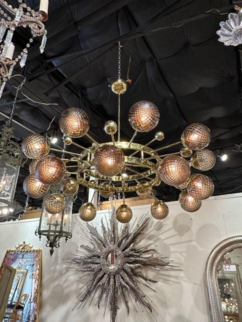 Italian Modern Murano Fume Glass and Polished Brass Chandelier For Sale
