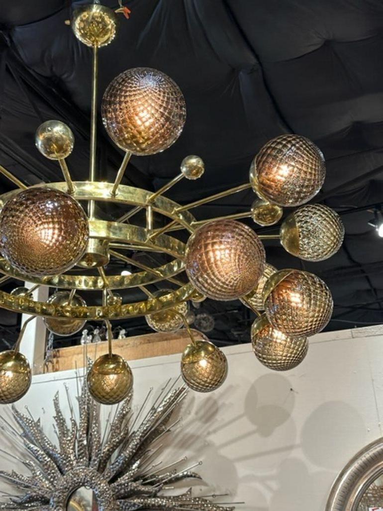 Modern Murano Fume Glass and Polished Brass Chandelier In Good Condition For Sale In Dallas, TX