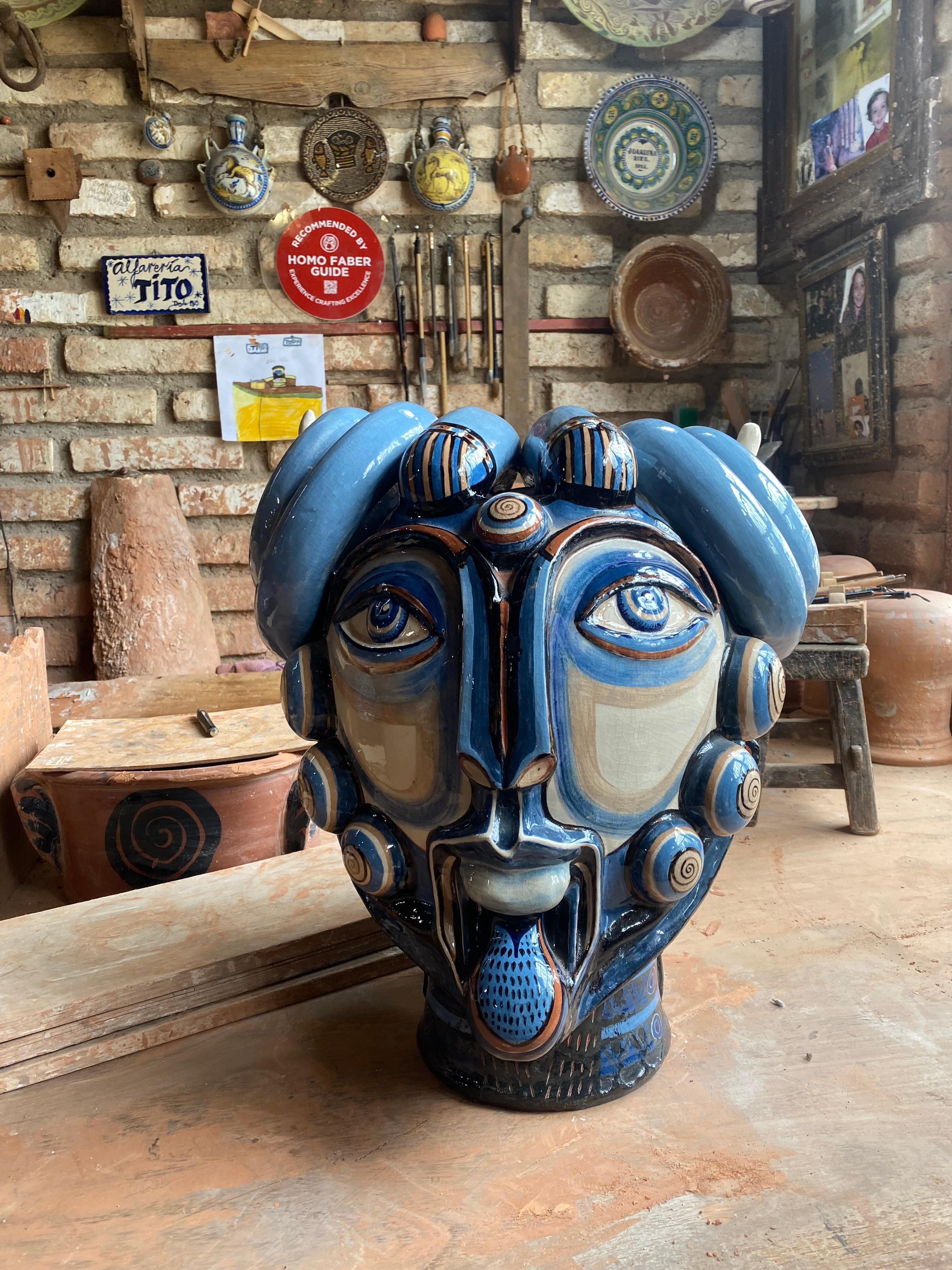 Spanish Modern Mythological God Head Glazed Ceramic For Sale