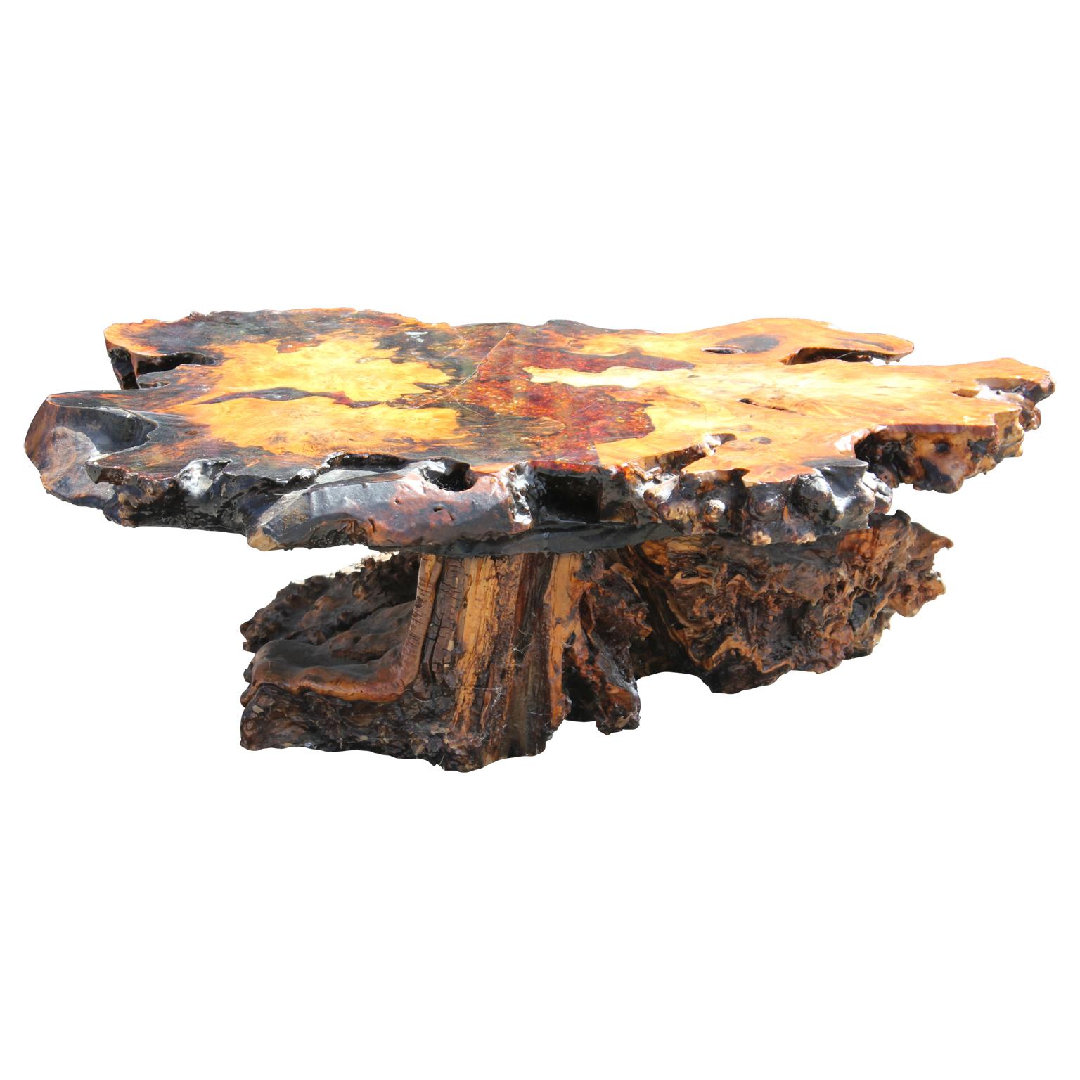 Modern Nakashima Style Burl Root Coffee Table with Inlayed Amber Glass Detailing
