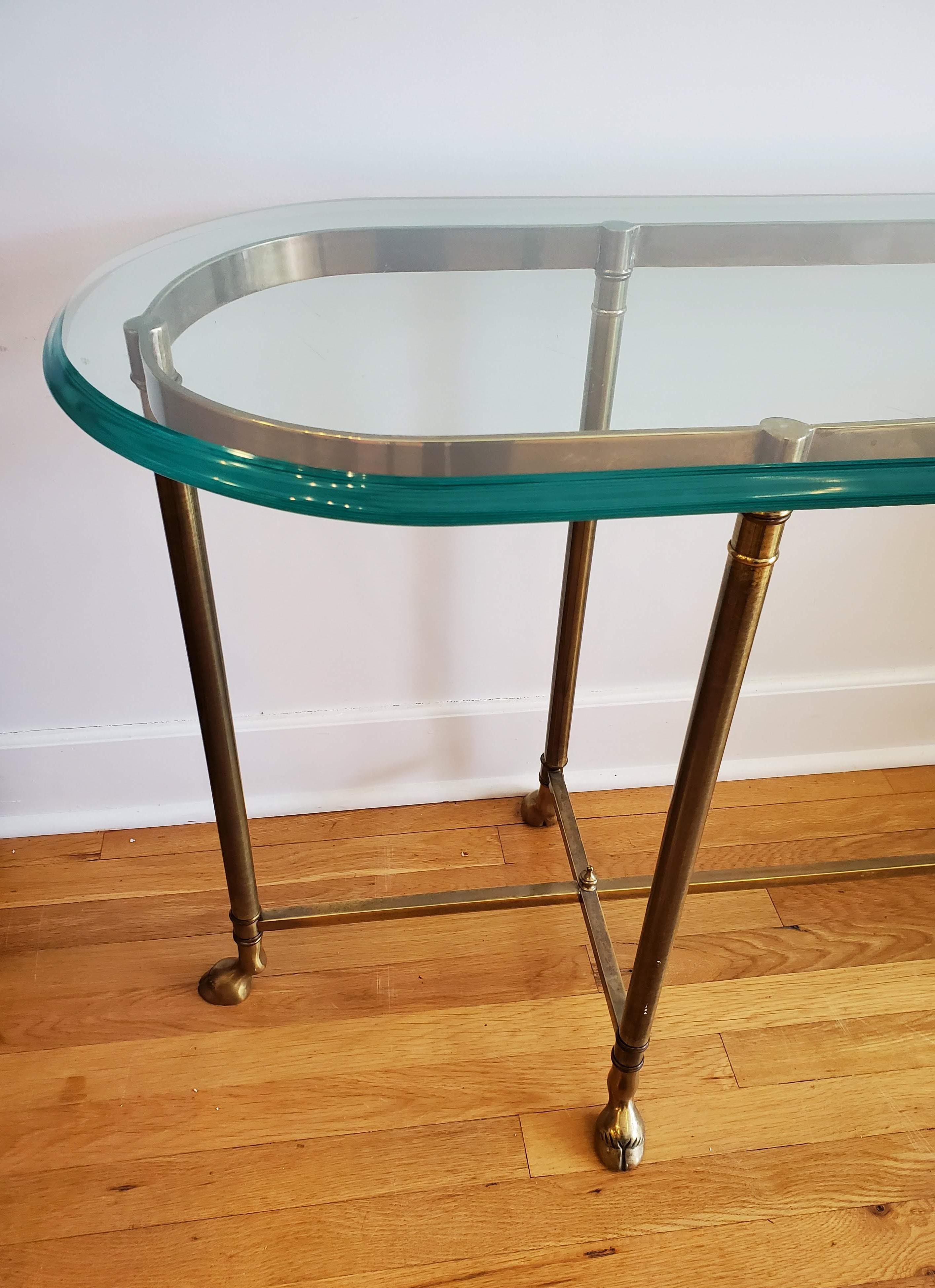 Unknown Modern Narrow Brass Sofa Table with Glass Top and Hoof Feet