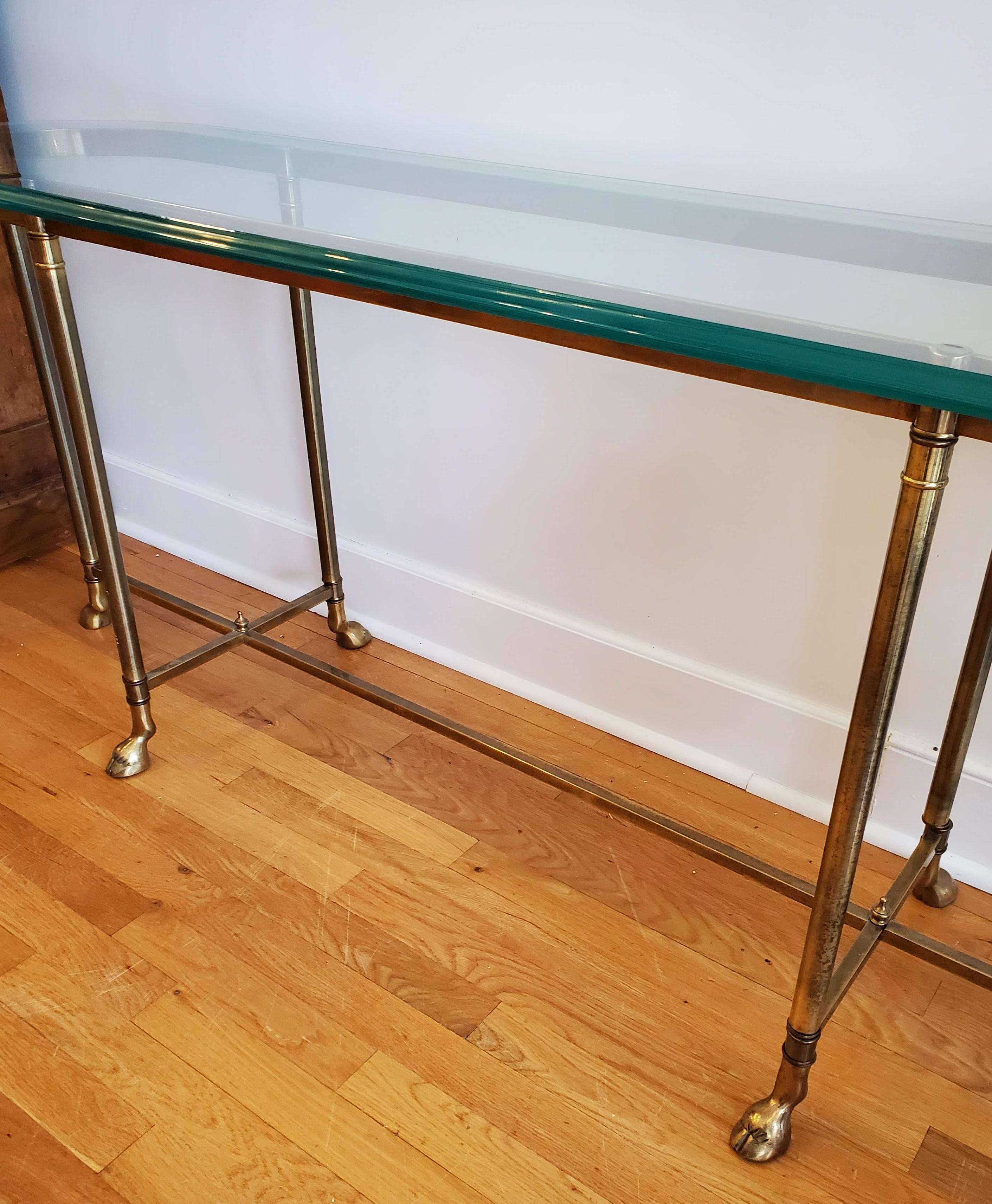 Modern Narrow Brass Sofa Table with Glass Top and Hoof Feet In Excellent Condition In Middleburg, VA