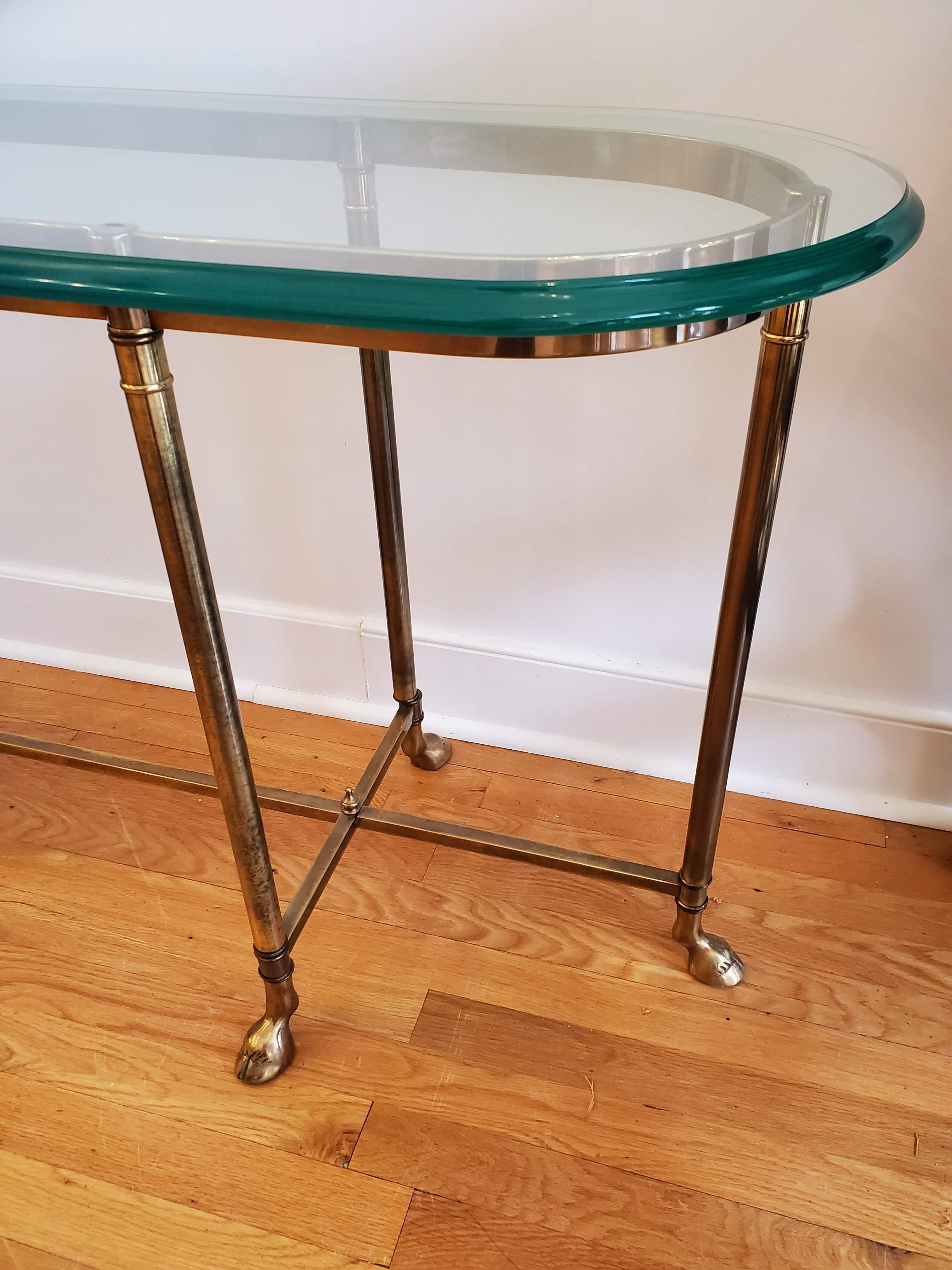 Contemporary Modern Narrow Brass Sofa Table with Glass Top and Hoof Feet
