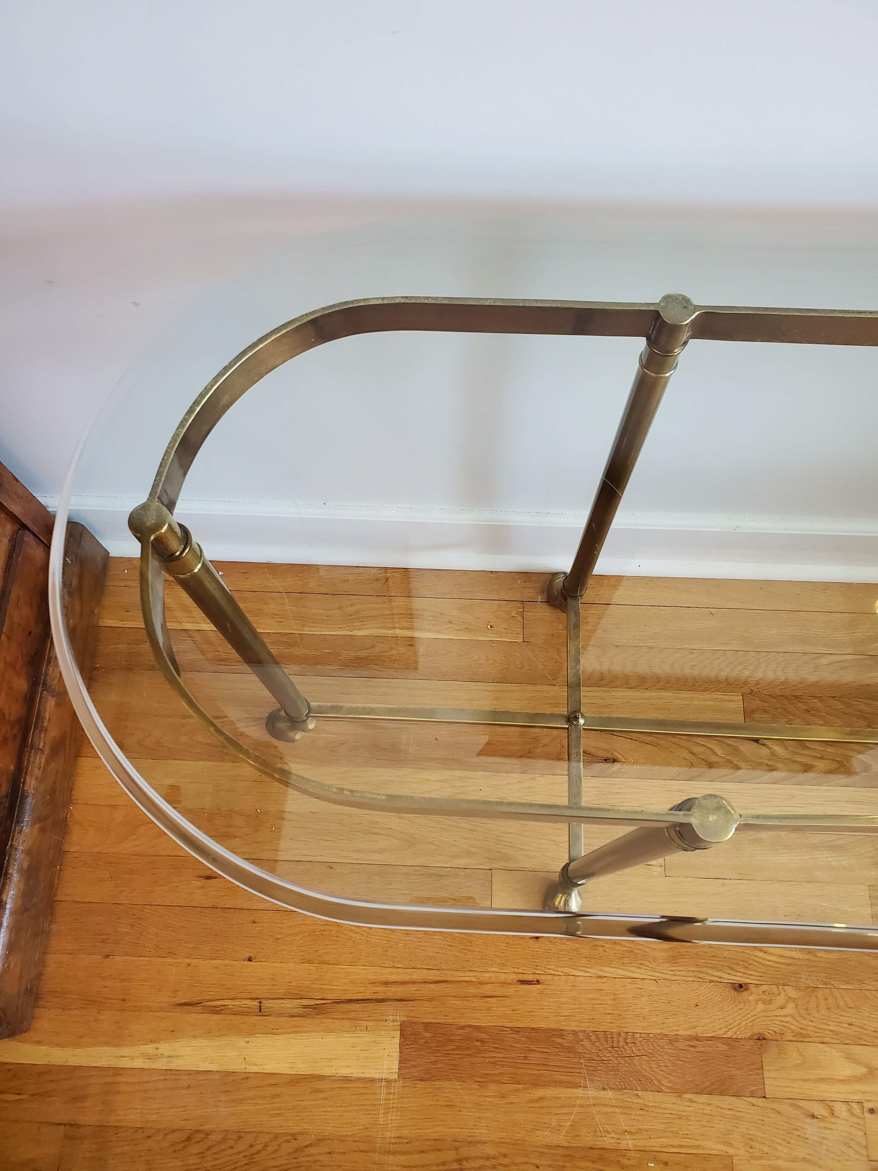 Modern Narrow Brass Sofa Table with Glass Top and Hoof Feet 1