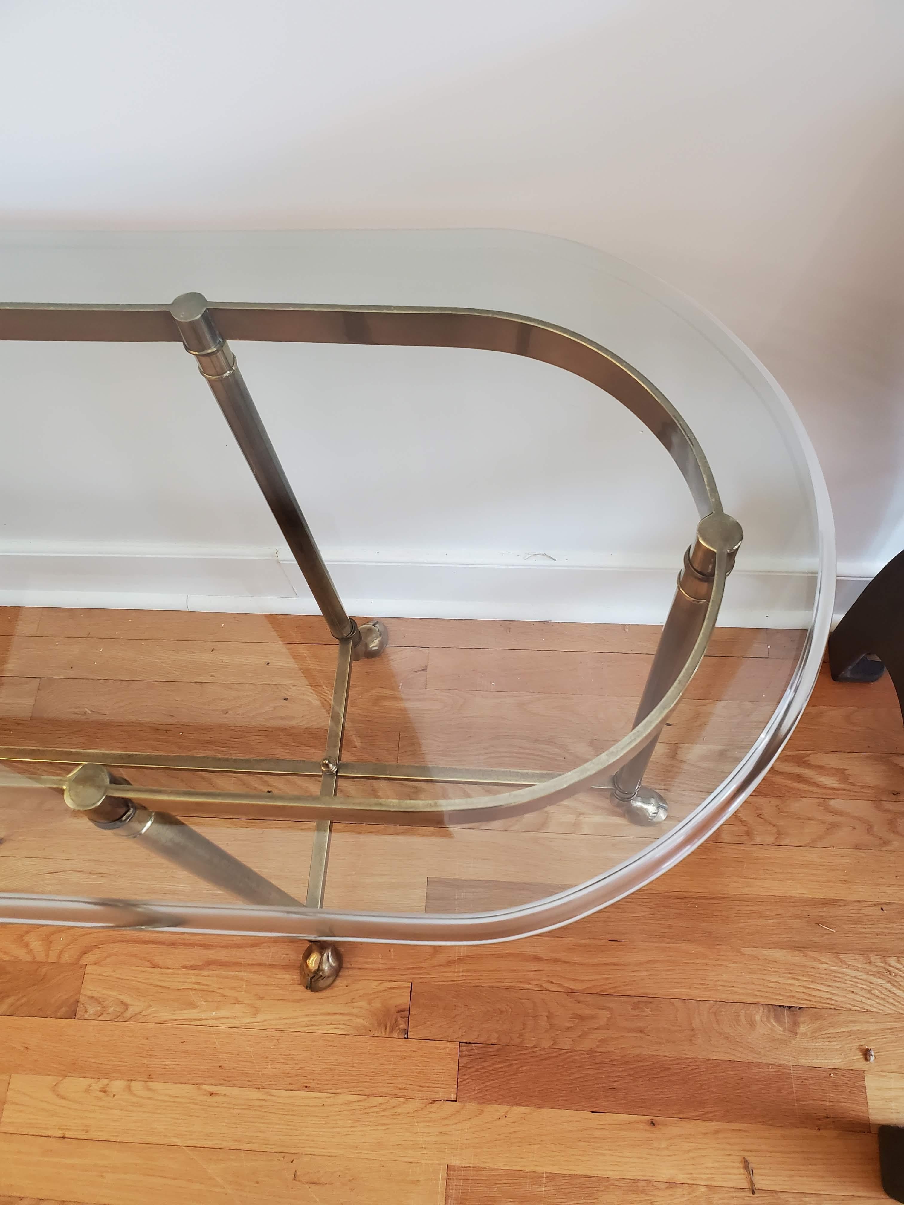 Modern Narrow Brass Sofa Table with Glass Top and Hoof Feet 2