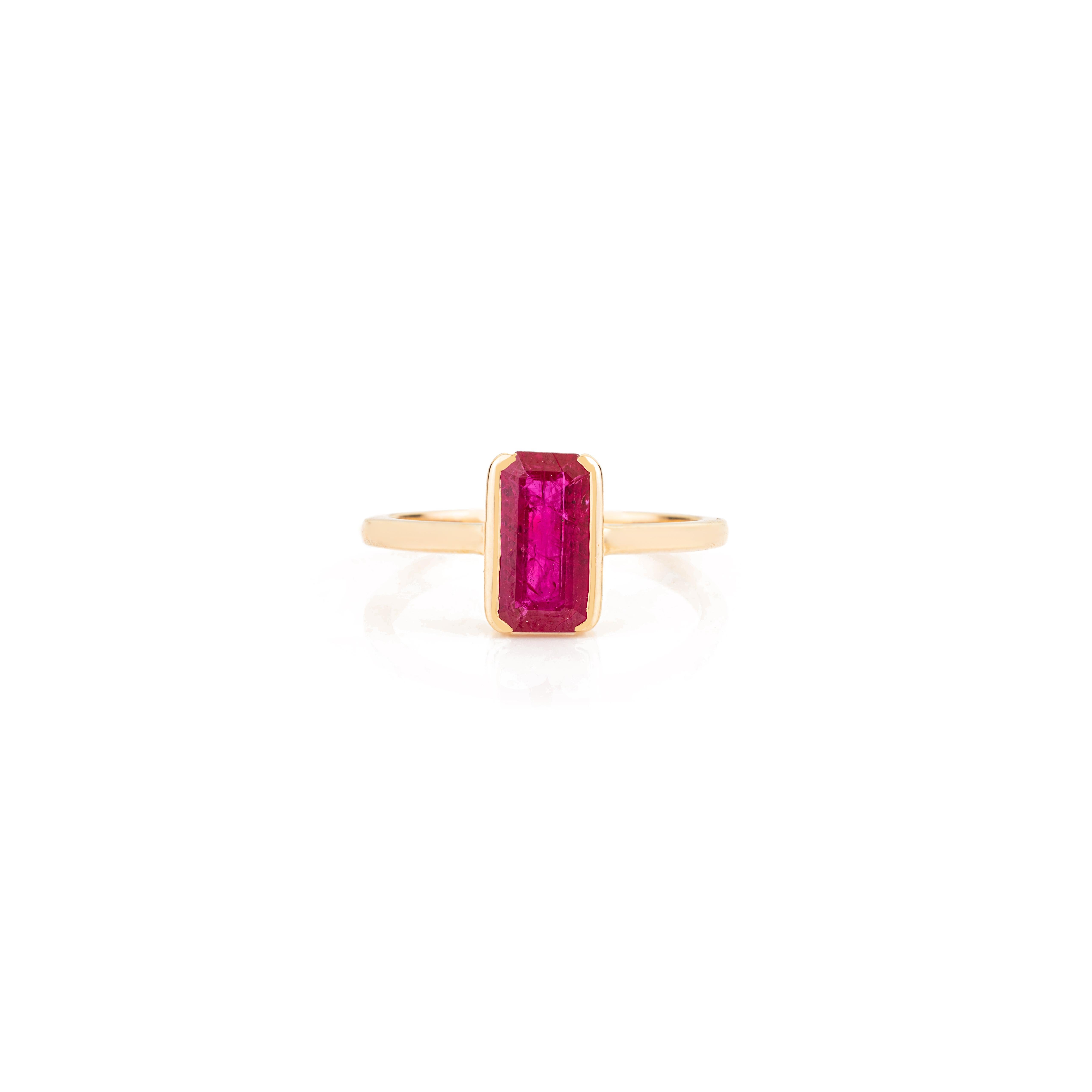 Modern Natural 1.38Ct Emerald Cut Ruby Bezel Set Solitaire Ring 14K Yellow Gold