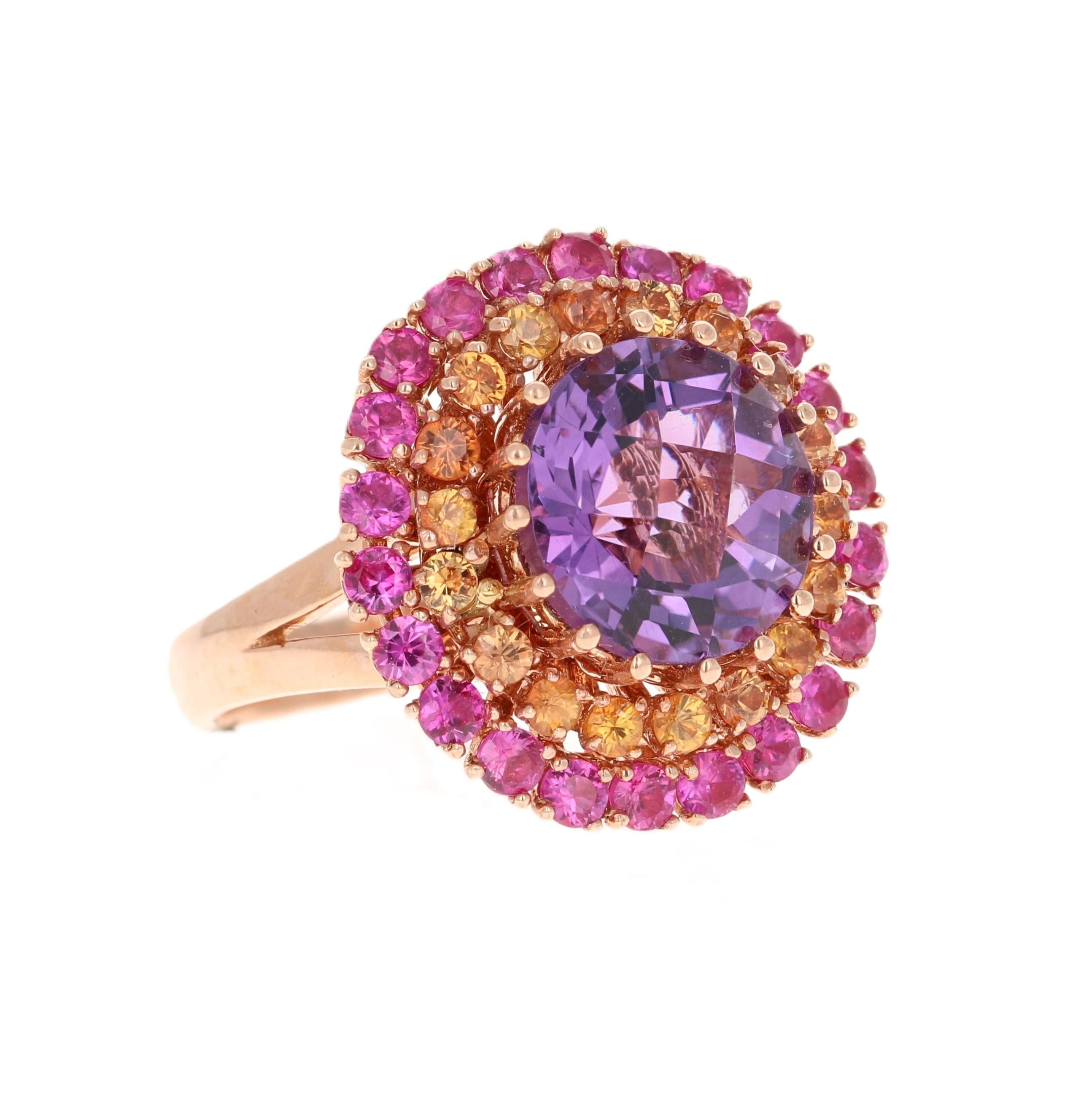 Bague moderne en or rose 14 carats avec améthyste, saphir et améthyste de taille ronde de 7,44 carats
Belle bague de cocktail au design unique

Spécifications de l'article :

Améthyste de taille ronde : 5,15 carats
18 saphirs orange : 0,80 carats
22