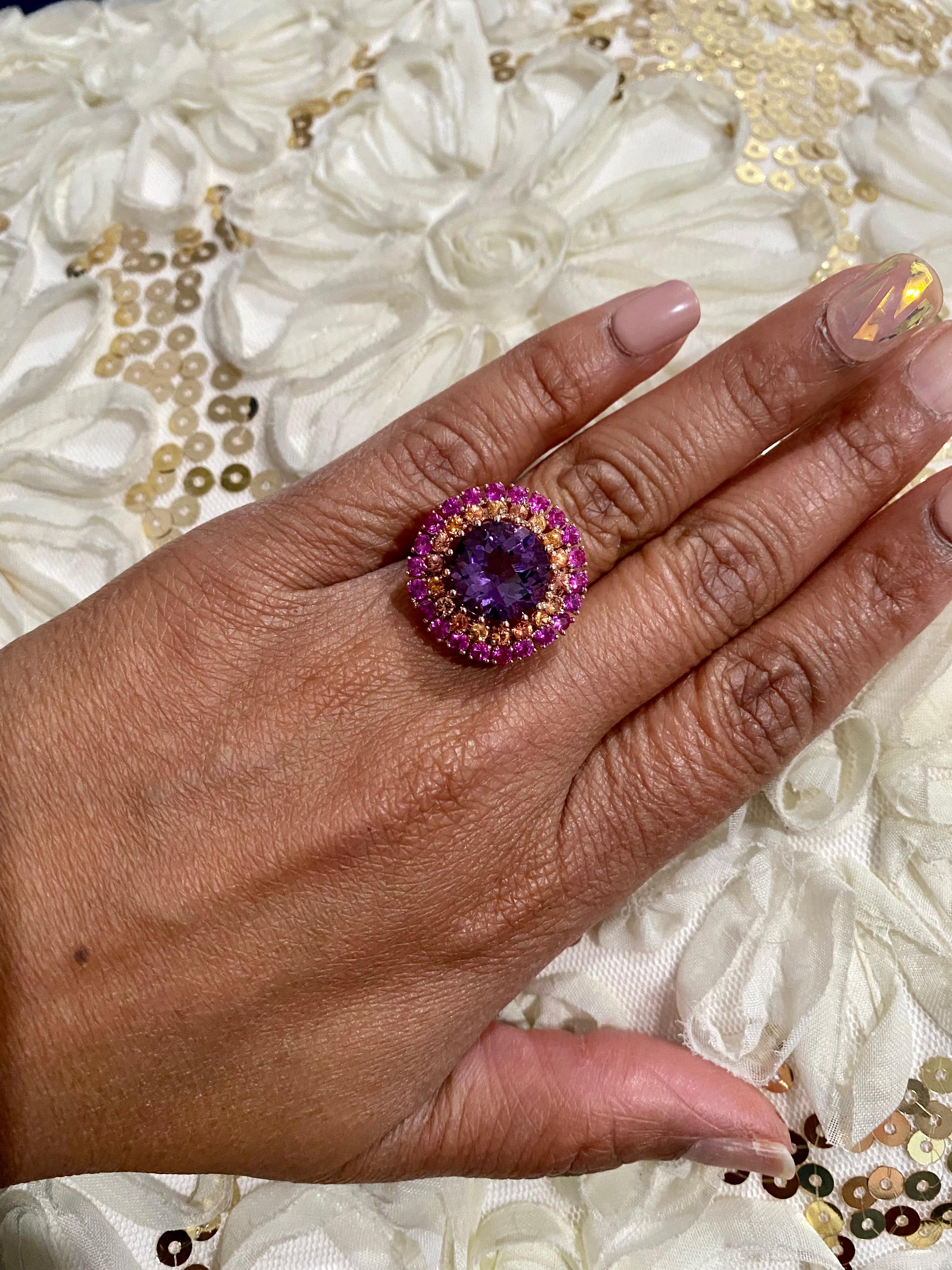 Bague moderne en or rose 14 carats avec améthyste, saphir et améthyste de taille ronde de 7,44 carats Neuf - En vente à Los Angeles, CA