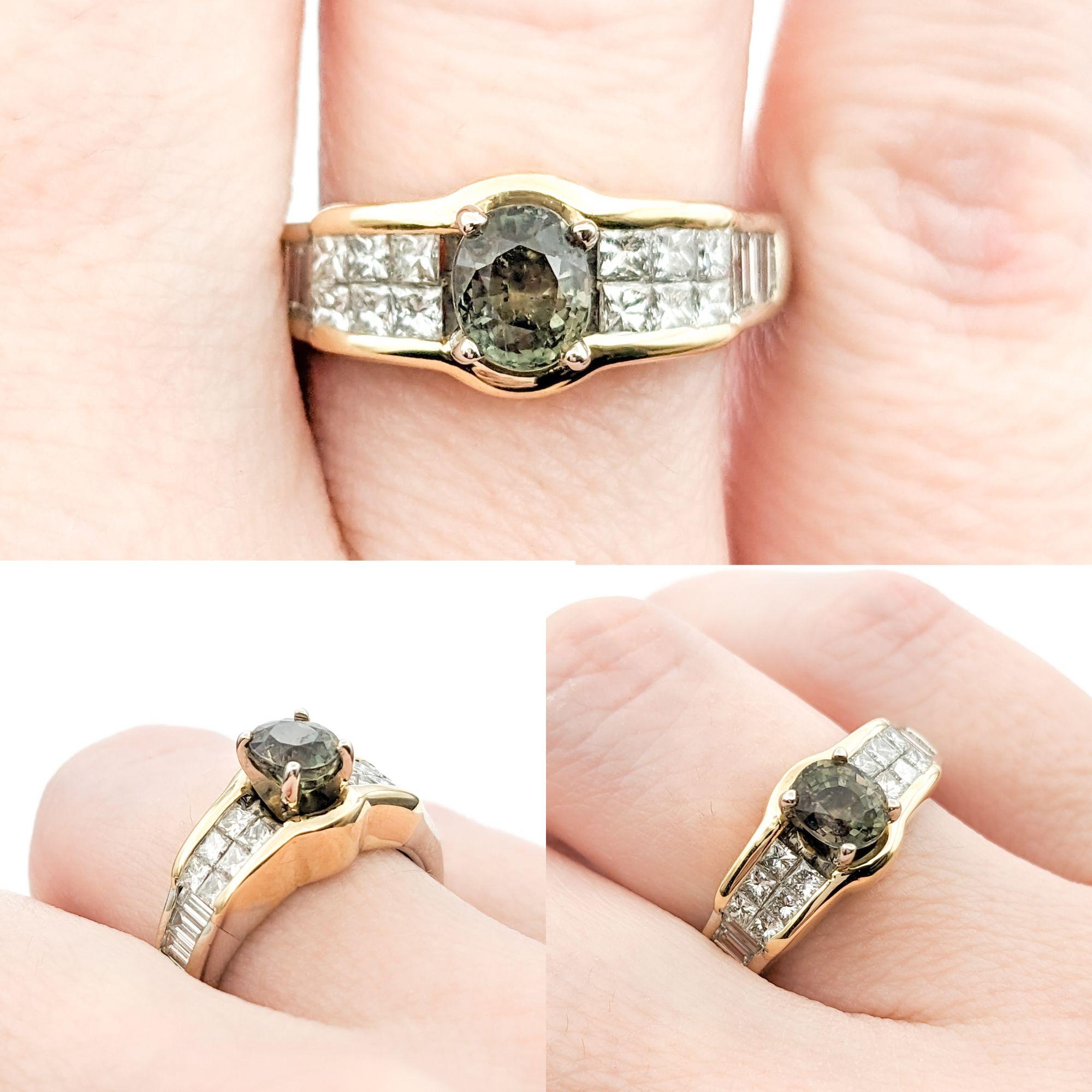 Modern Natural Alexandrite & Diamond Ring in Two-Tone Gold

Introducing our stunning ring, meticulously crafted in 14k two-tone gold, adorned with a breathtaking .83ct oval natural Alexandrite at its center. This beautiful center stone color changes