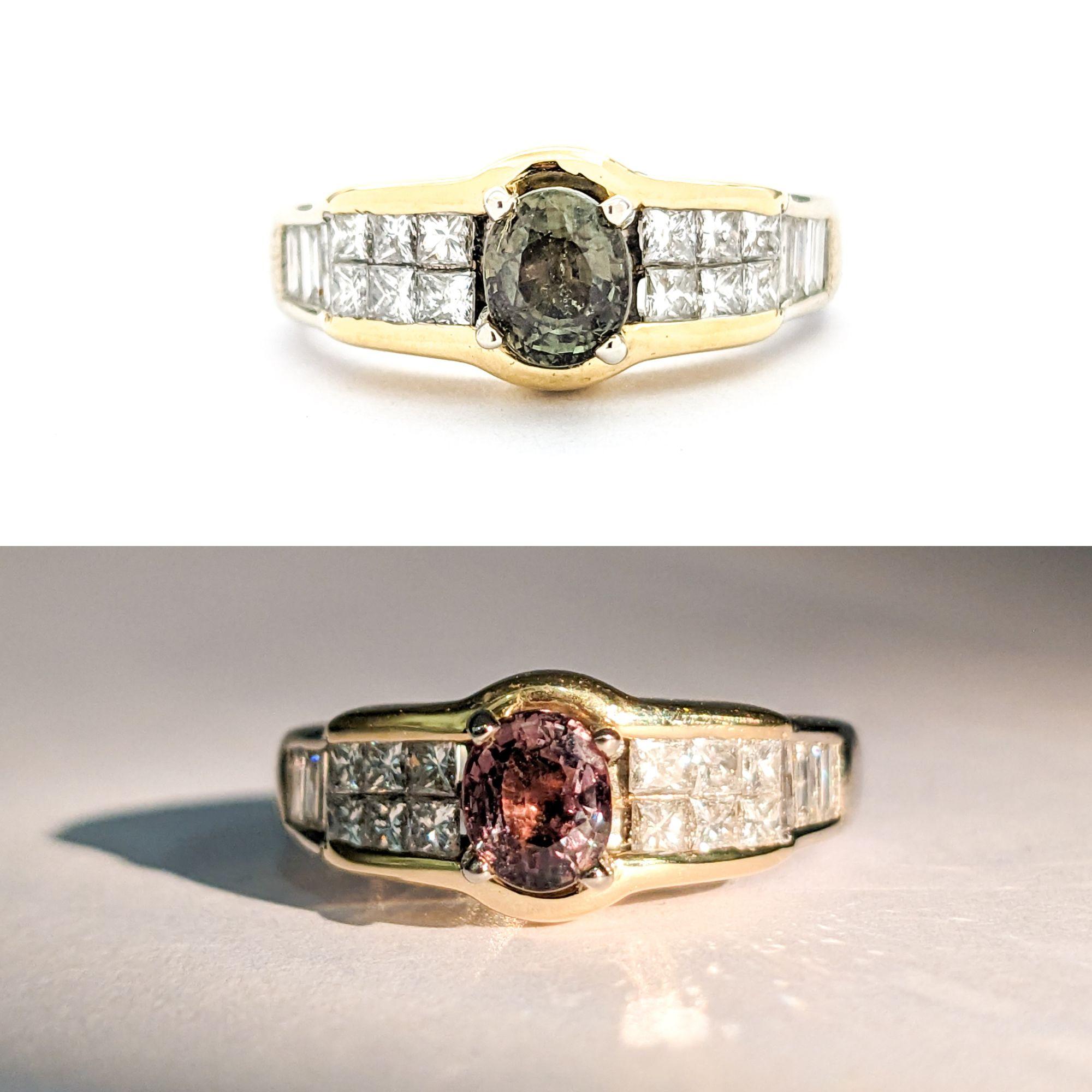 Moderner Ring aus zweifarbigem Gold mit natürlichem Alexandrit und Diamanten (Zeitgenössisch) im Angebot