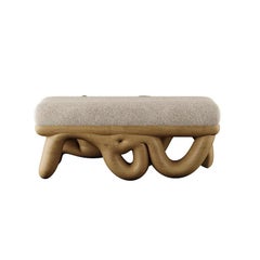 Organic Modern Bench Bouclé Upholstered Seat Organic Shape Base Ash Wood