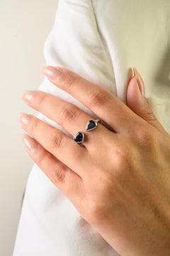 Modern Natural Blue Sapphire Pear & Heart Toi et Moi Ring 1.64 Ct 18K White Gold