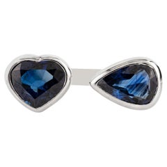 Modern Natural Blue Sapphire Pear & Heart Toi et Moi Ring 1.64 Ct 18K White Gold