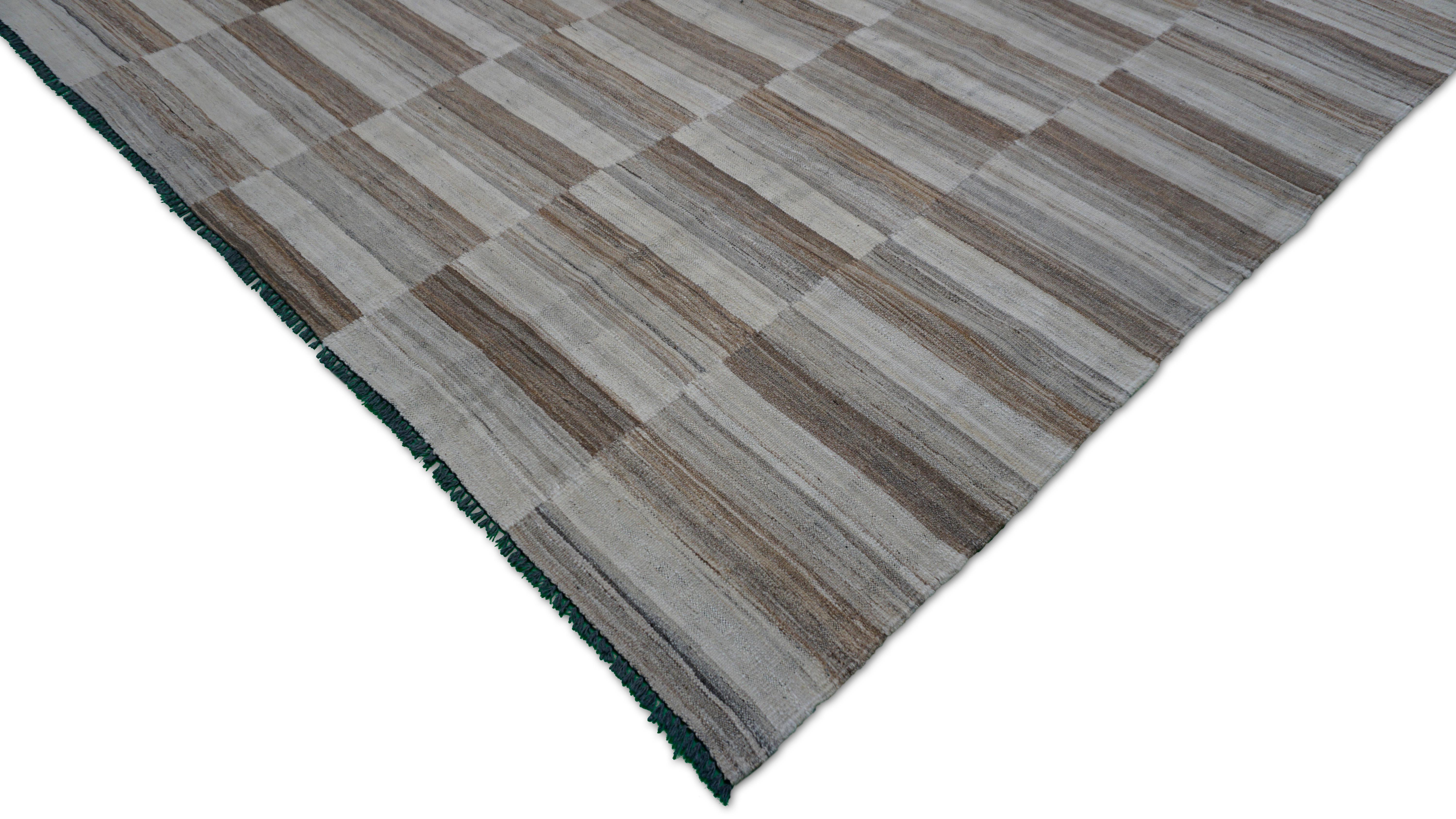 Pakistani Modern Natural Browns Striped Checkerboard Kilim 8'9''x12'2'' For Sale