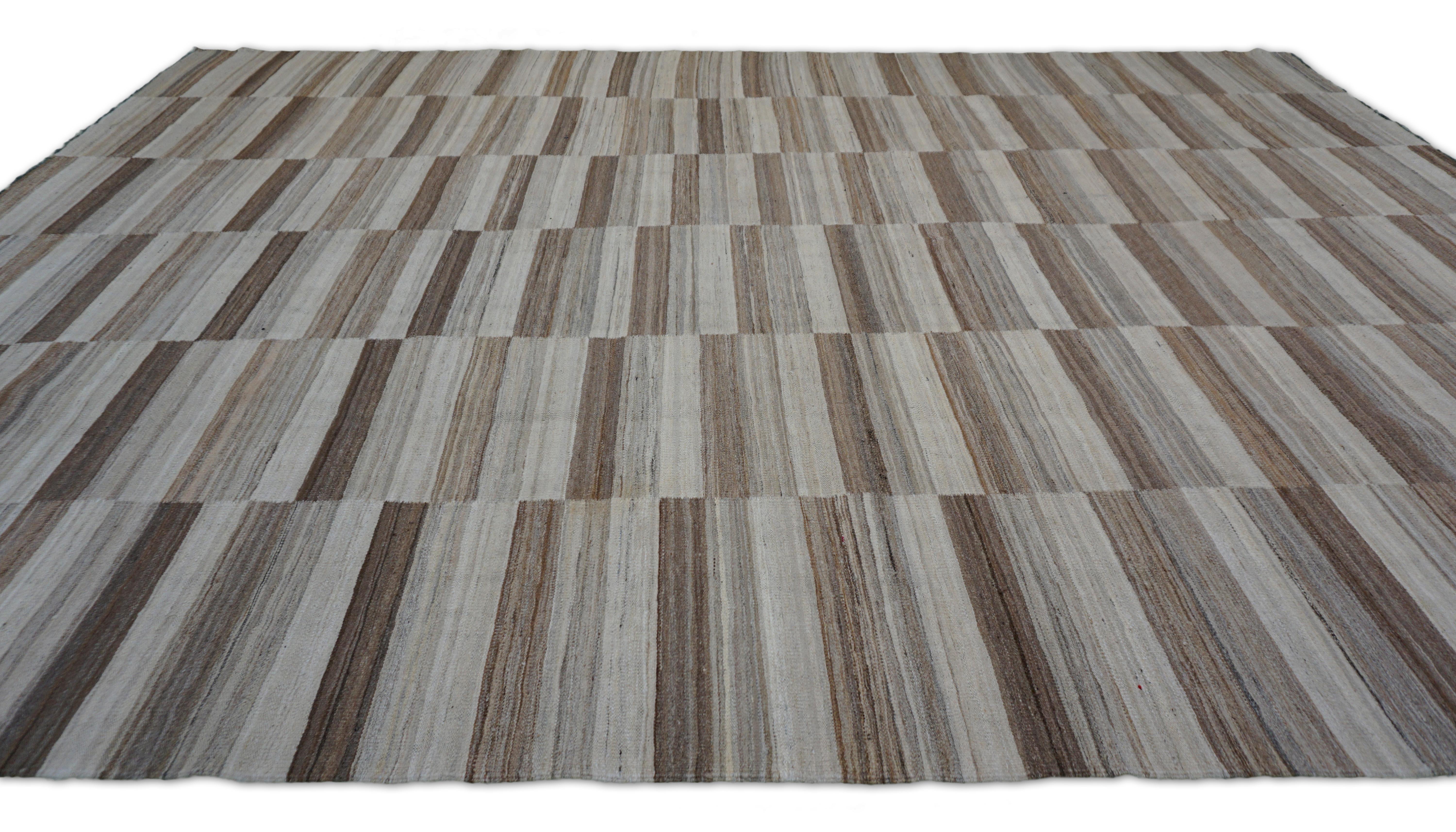 Hand-Woven Modern Natural Browns Striped Checkerboard Kilim 8'9''x12'2'' For Sale
