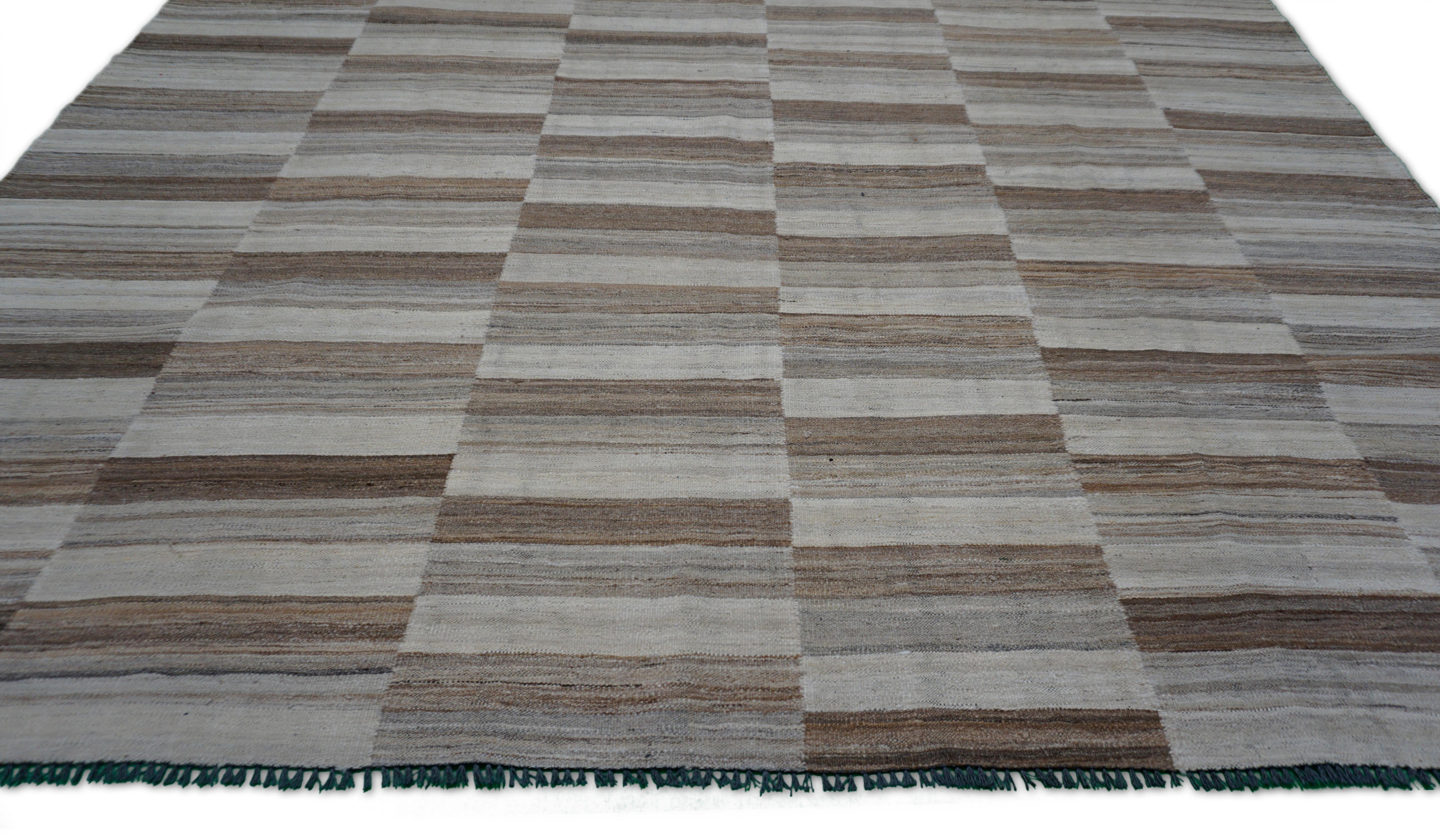 Modern Natural Browns Striped Checkerboard Kilim 8'9''x12'2'' In New Condition For Sale In Torrance, CA