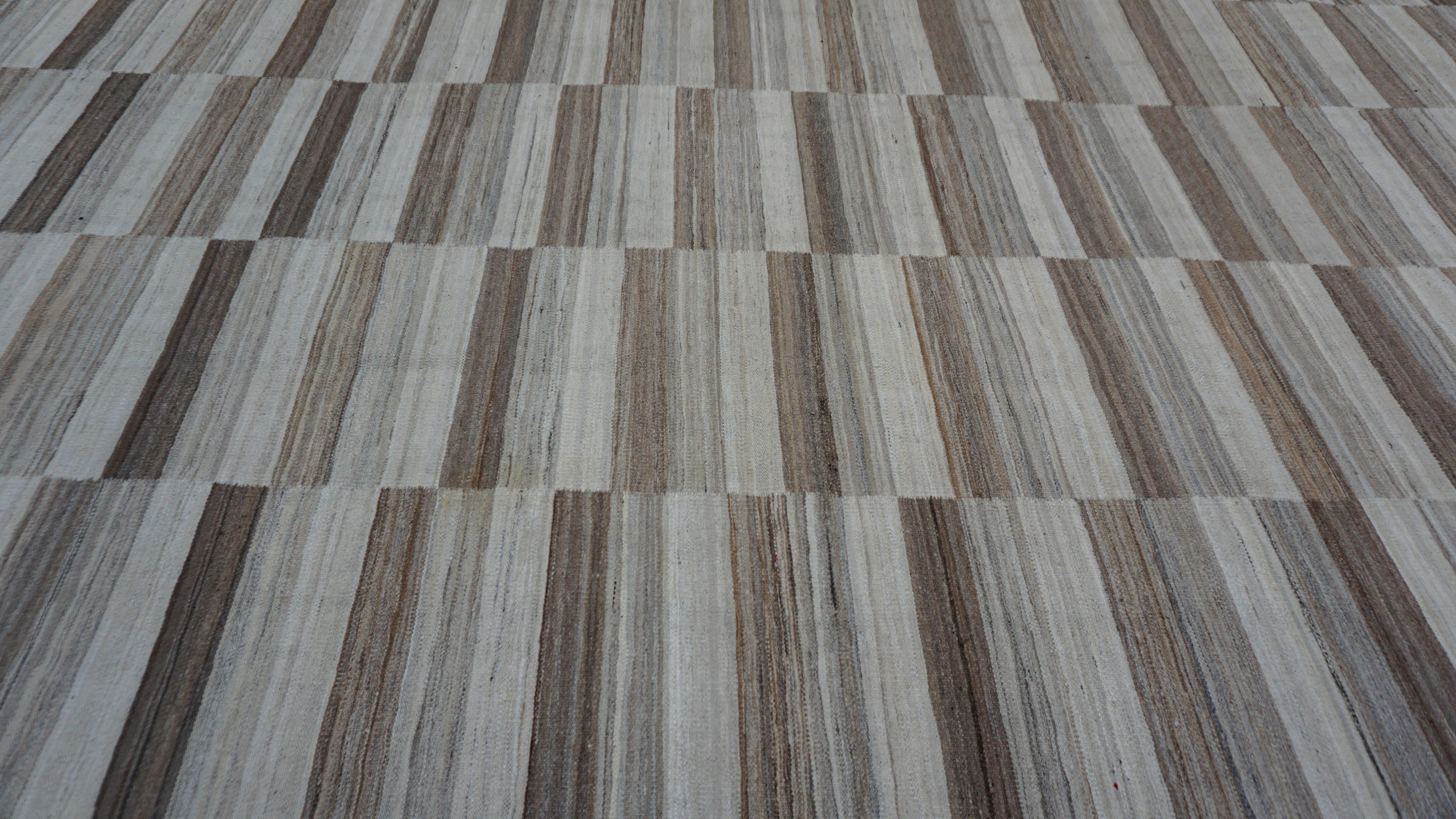 Contemporary Modern Natural Browns Striped Checkerboard Kilim 8'9''x12'2'' For Sale