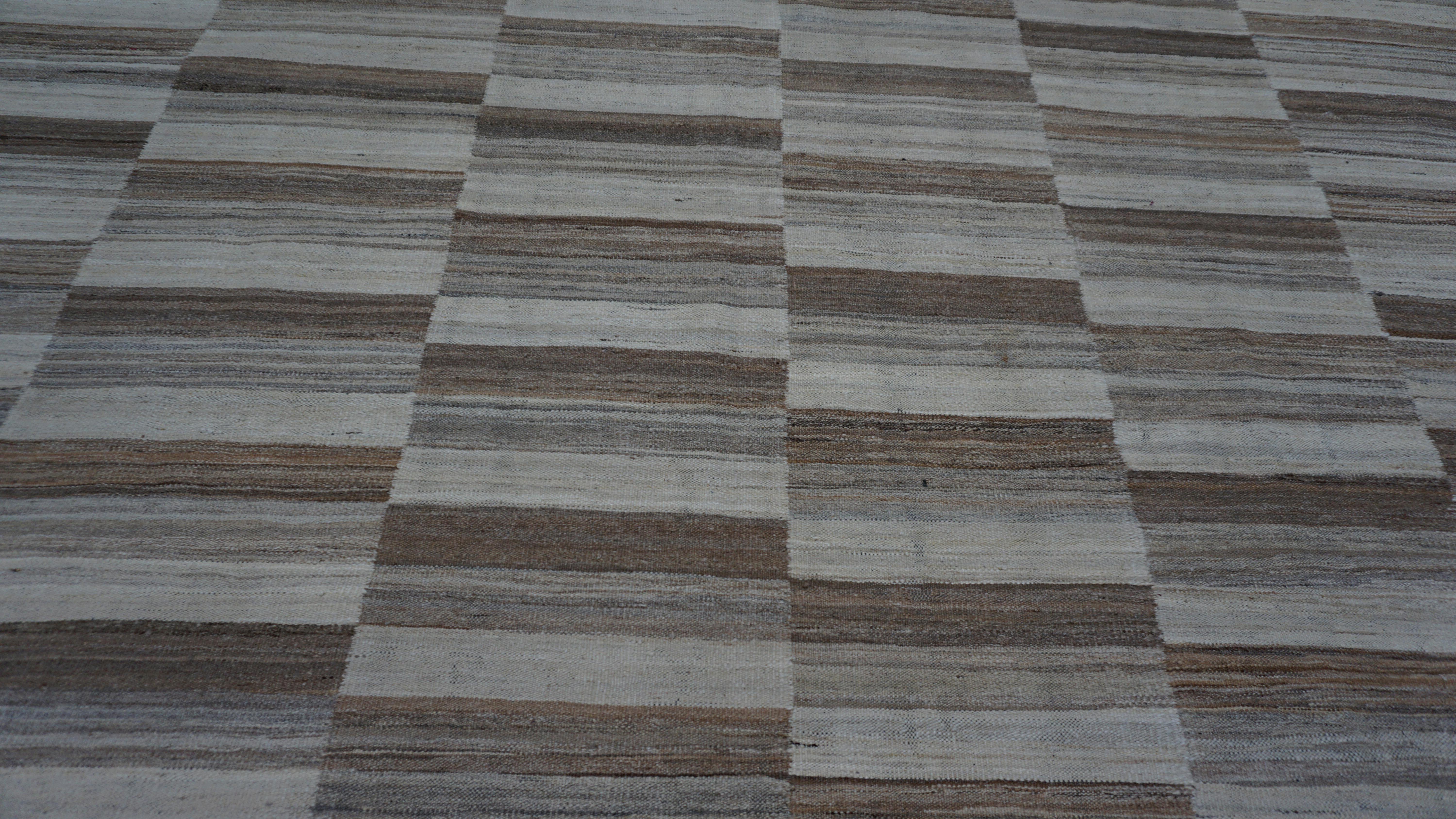 Wool Modern Natural Browns Striped Checkerboard Kilim 8'9''x12'2'' For Sale