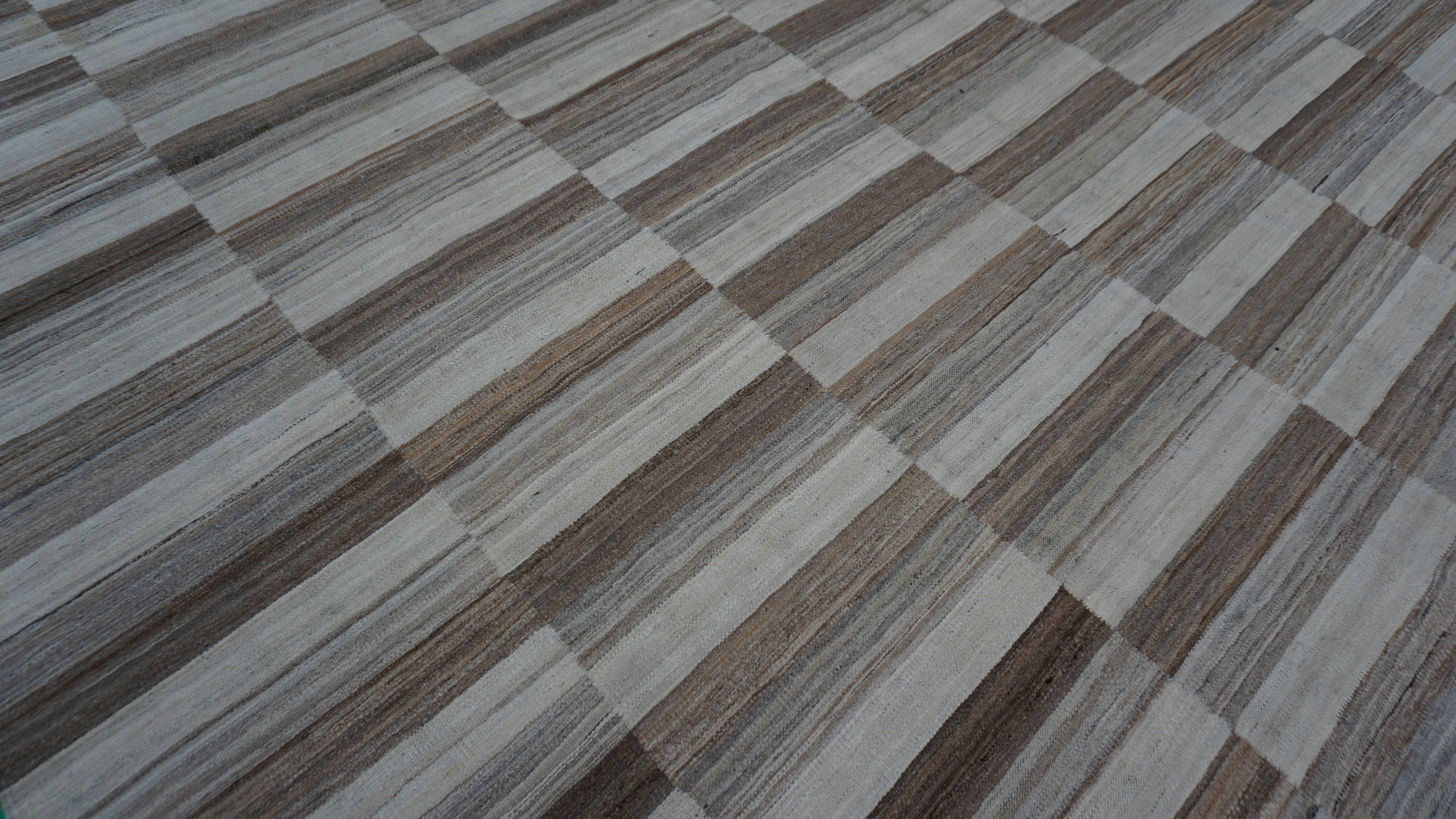Modern Natural Browns Striped Checkerboard Kilim 8'9''x12'2'' For Sale 1